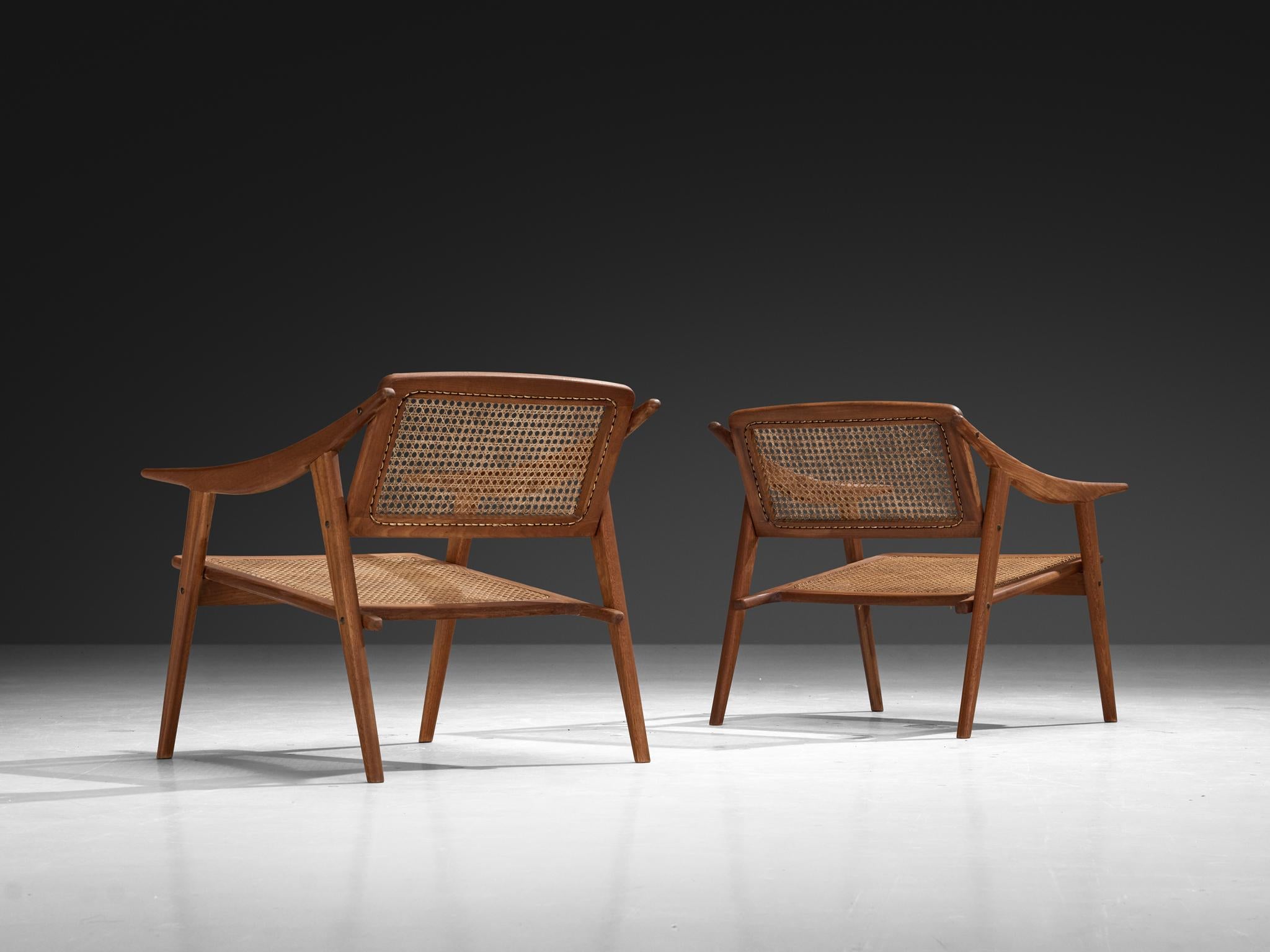 Michel Ducaroy for SNA Roset Pair of Lounge Chairs in Teak and Cane seating Morentz