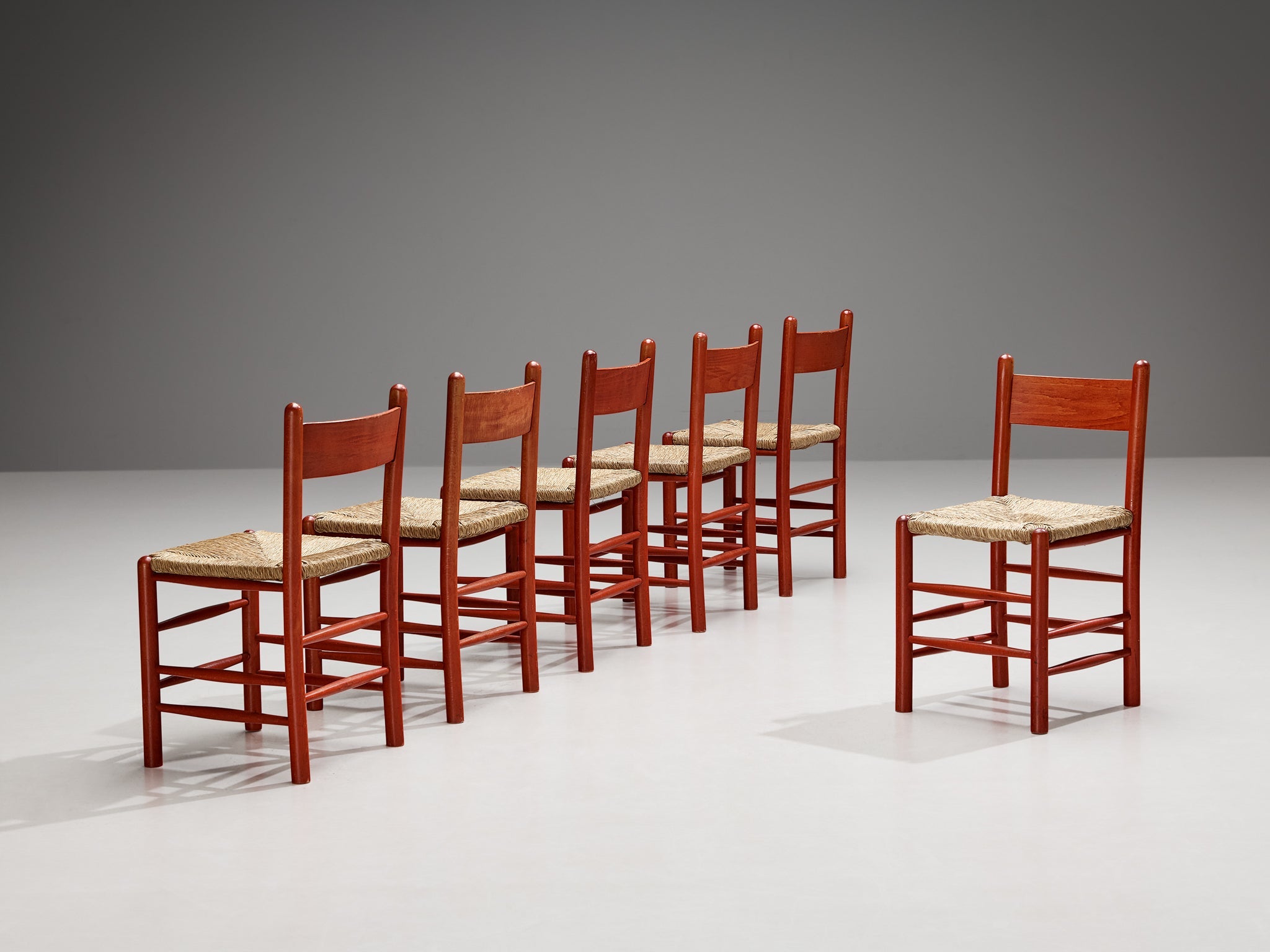 Set of Six French Dining Chairs with Red Wooden Frame and Straw Seats seating Morentz