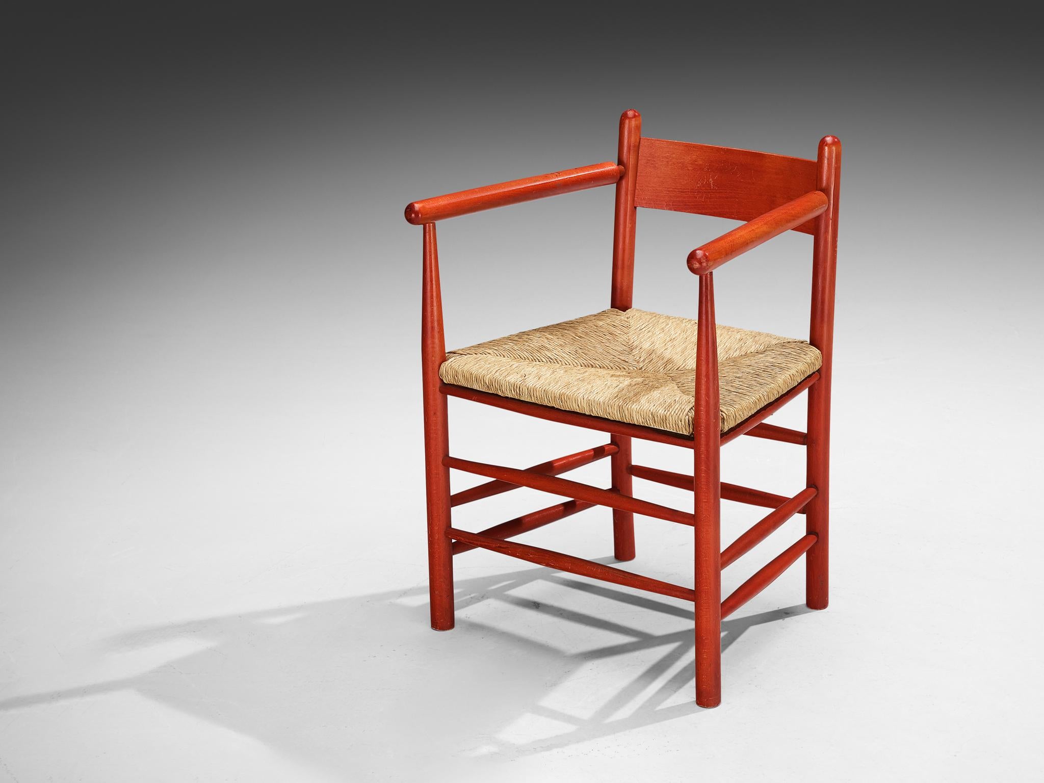French Armchair with Red Wooden Frame and Straw Seat seating Morentz