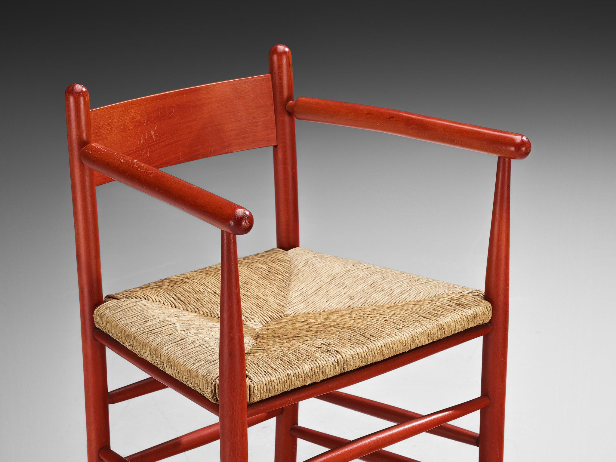French Armchair with Red Wooden Frame and Straw Seat seating Morentz