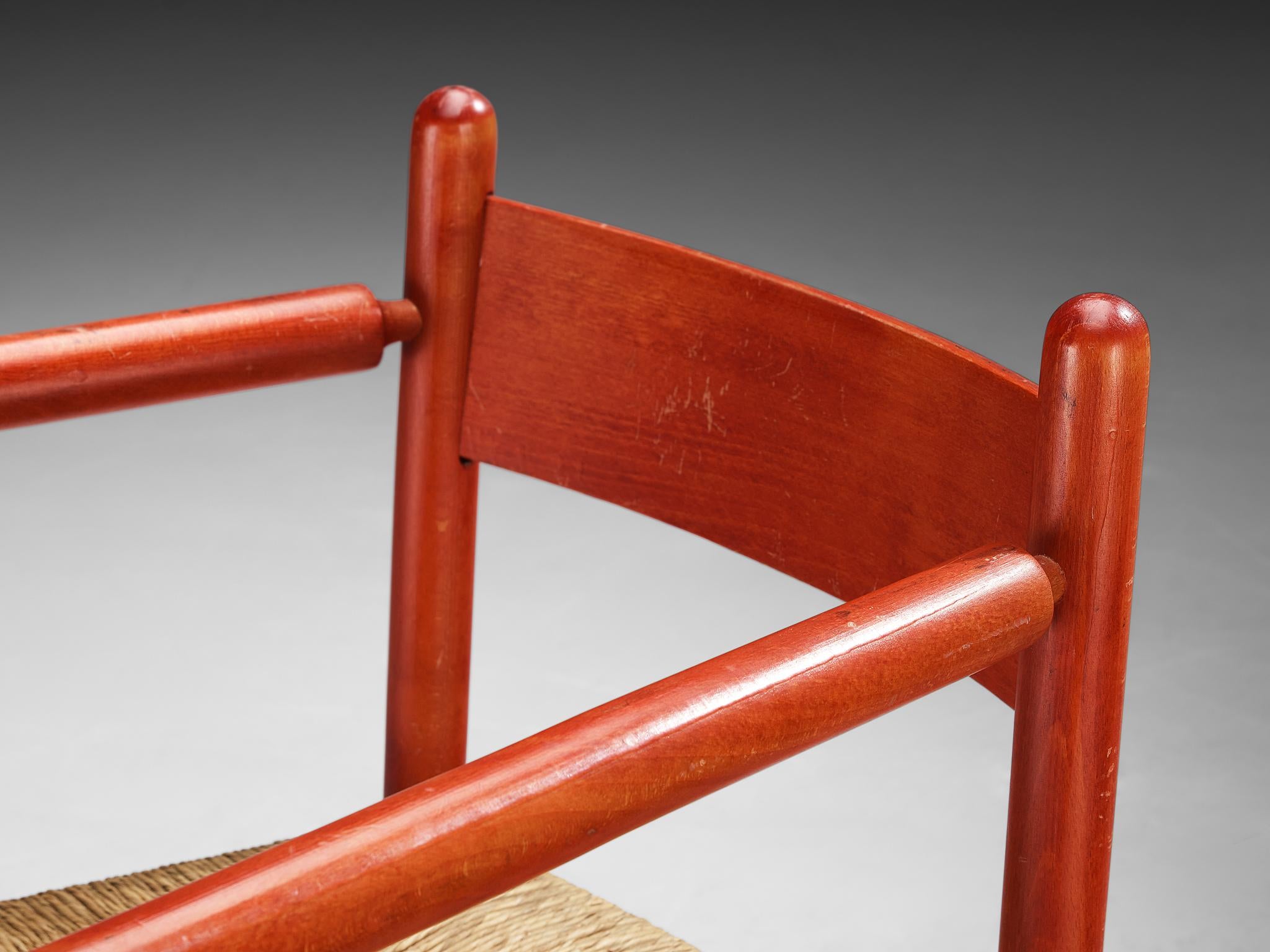 French Armchair with Red Wooden Frame and Straw Seat seating Morentz