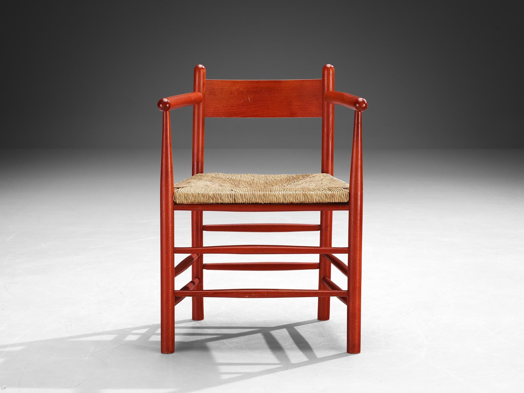 French Armchair with Red Wooden Frame and Straw Seat seating Morentz