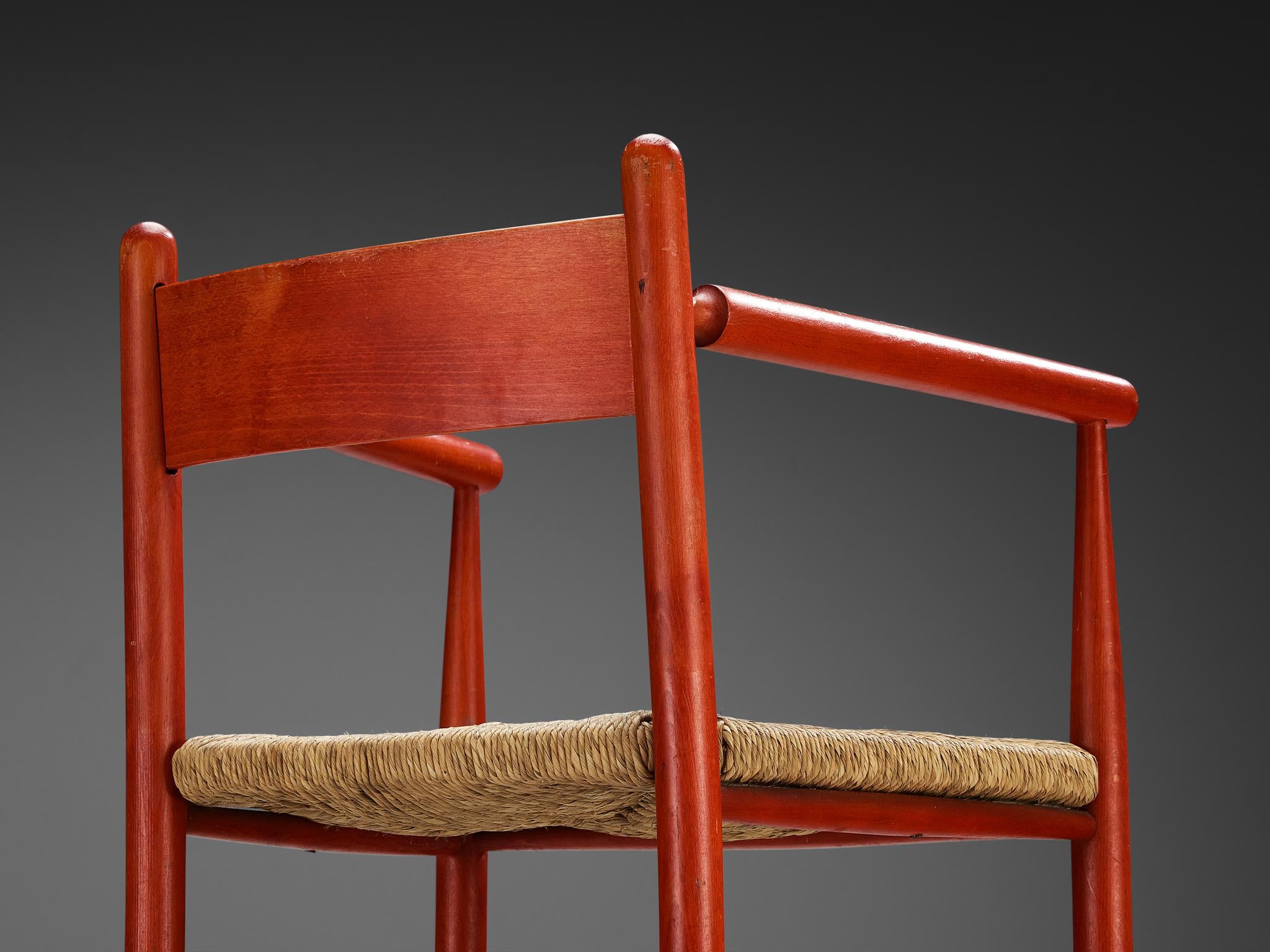 French Armchair with Red Wooden Frame and Straw Seat seating Morentz