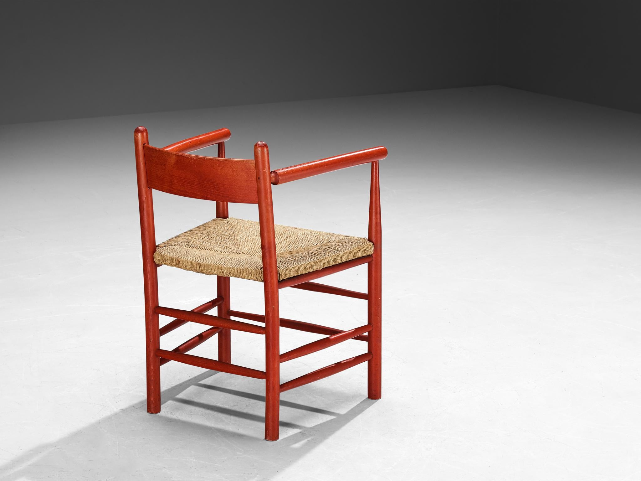 French Armchair with Red Wooden Frame and Straw Seat seating Morentz