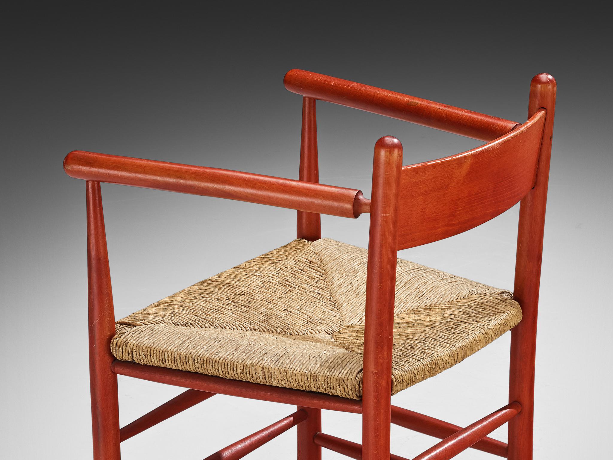 French Armchair with Red Wooden Frame and Straw Seat seating Morentz