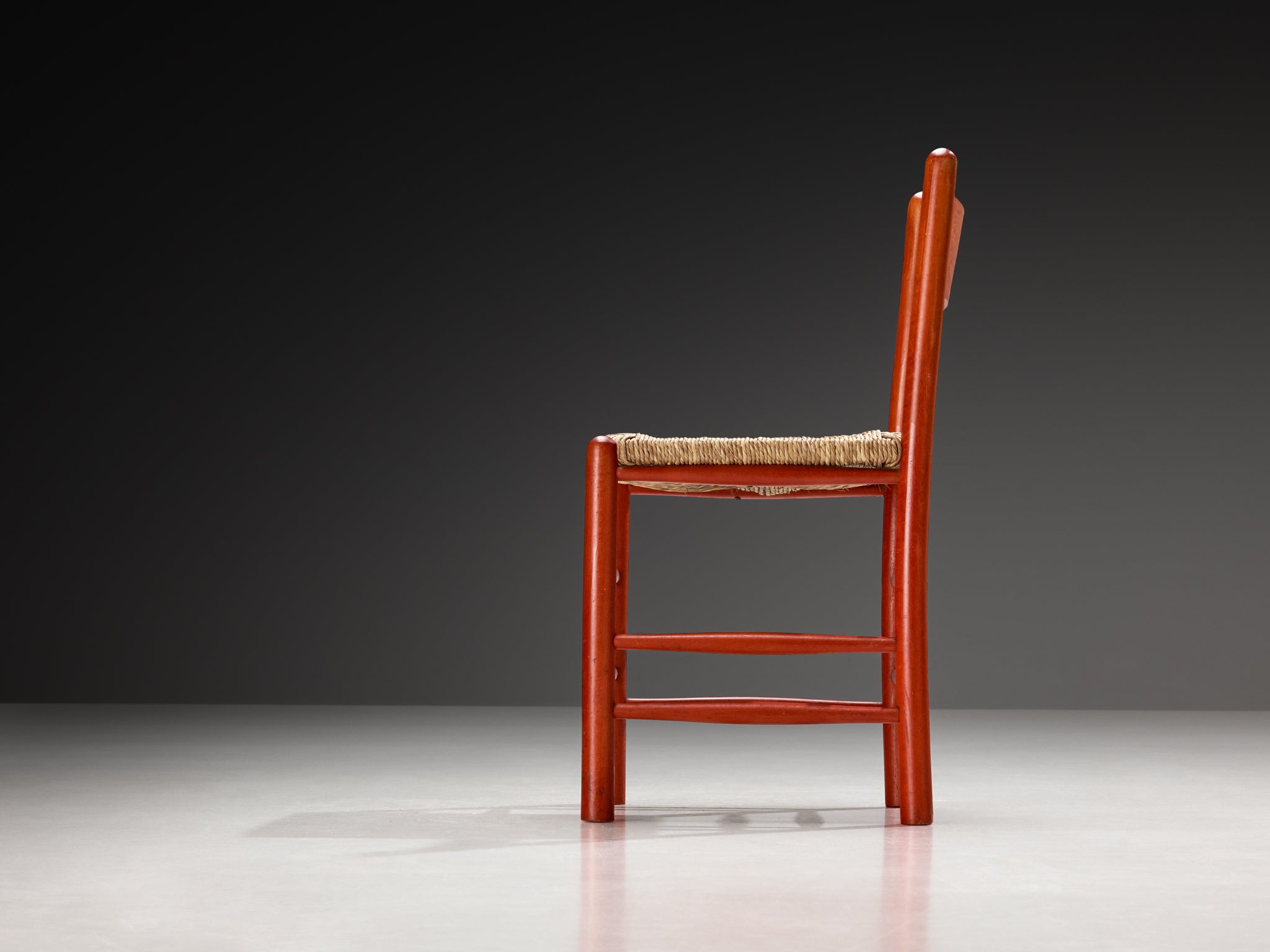 Set of Twelve French Dining Chairs with Red Wooden Frame and Straw Seats Seating Morentz