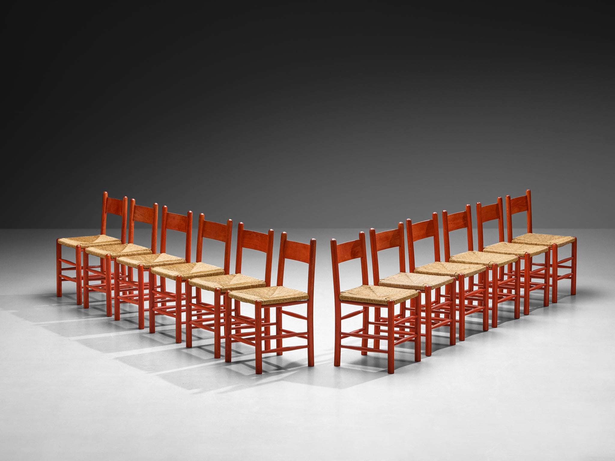 Set of Twelve French Dining Chairs with Red Wooden Frame and Straw Seats Seating Morentz