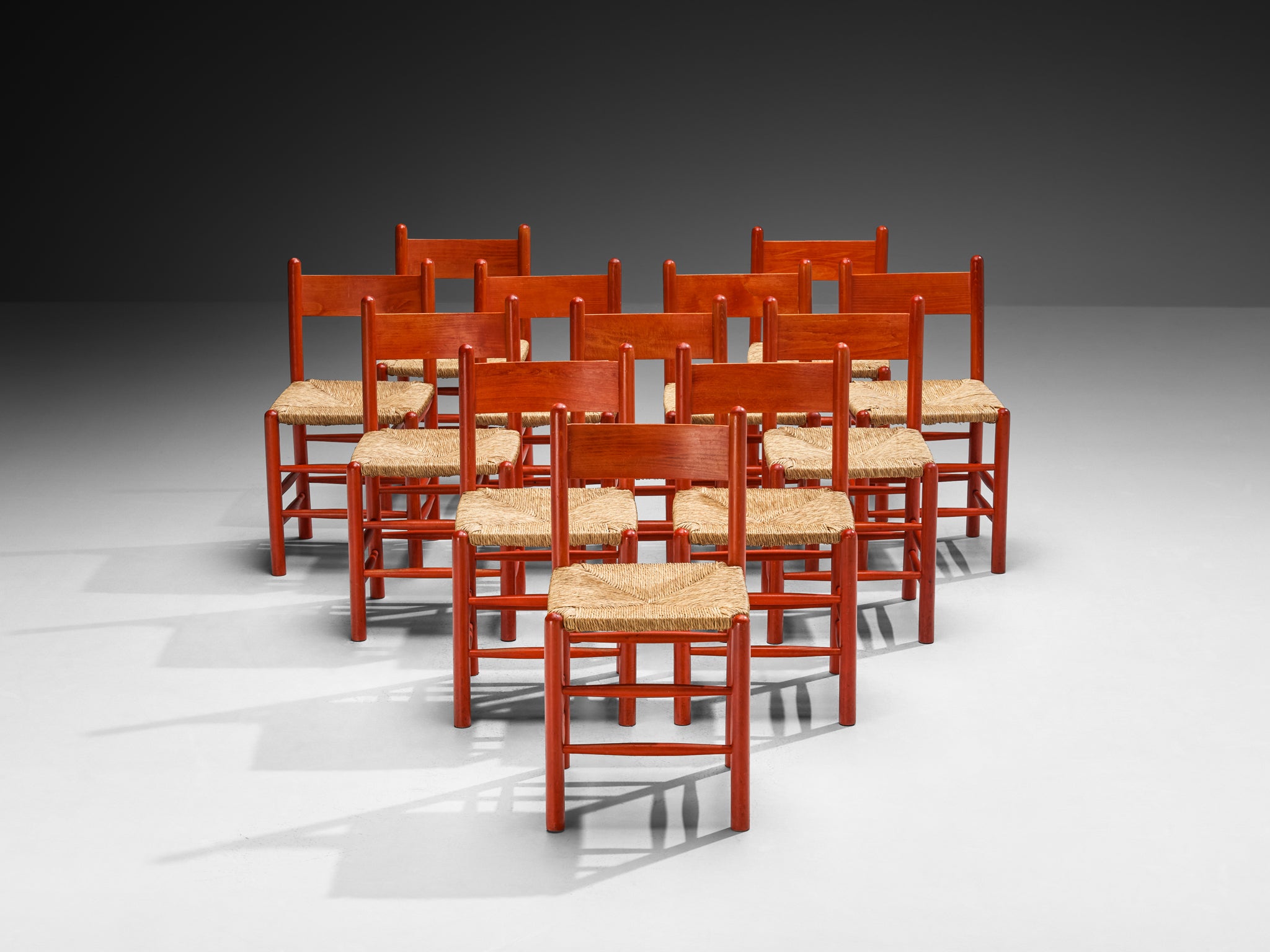 Set of Twelve French Dining Chairs with Red Wooden Frame and Straw Seats Seating Morentz