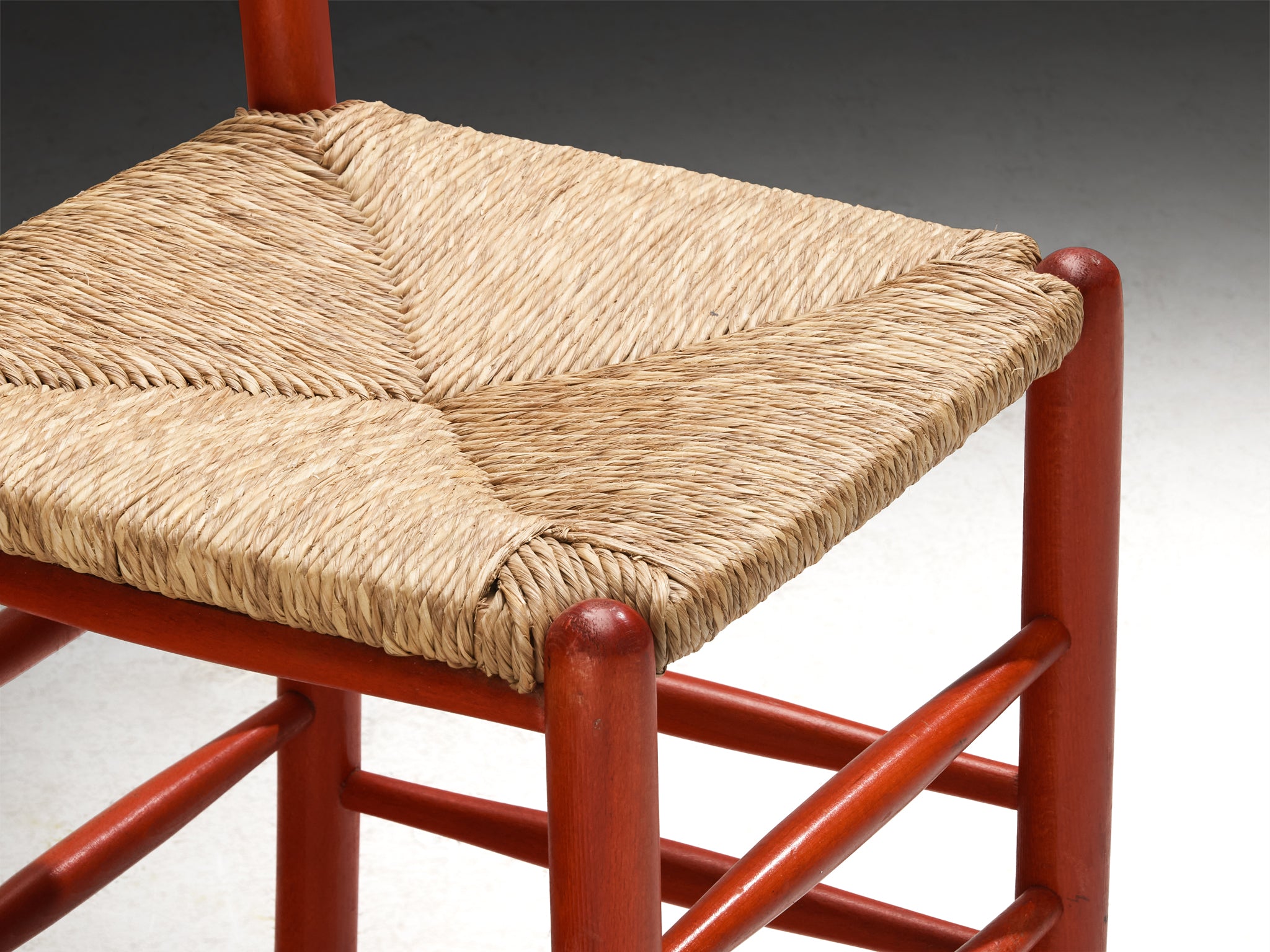 Set of Twelve French Dining Chairs with Red Wooden Frame and Straw Seats Seating Morentz