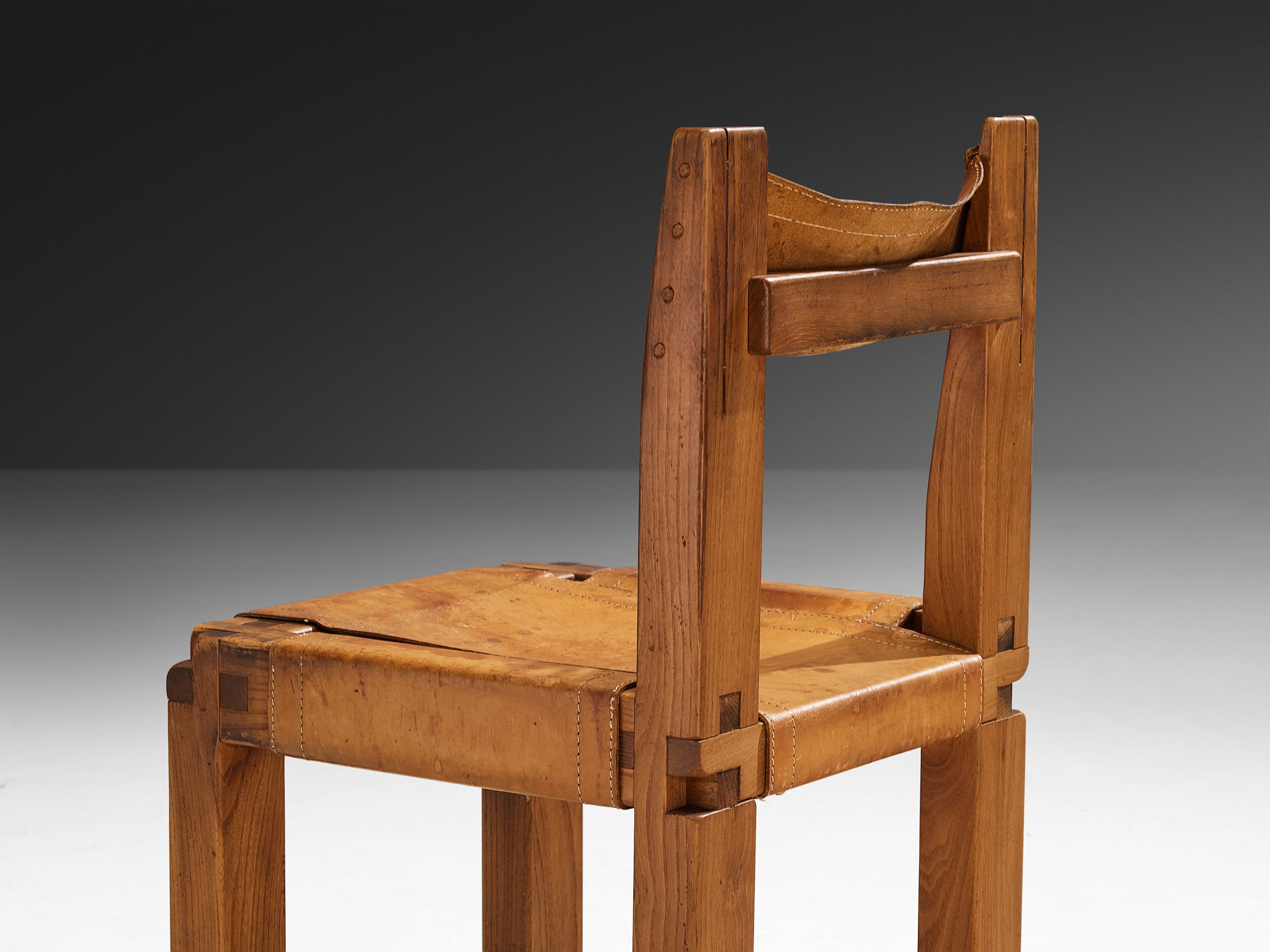 Early Pierre Chapo Set of Six 'S11' Dining Chairs in Elm and Cognac Leather Seating Morentz