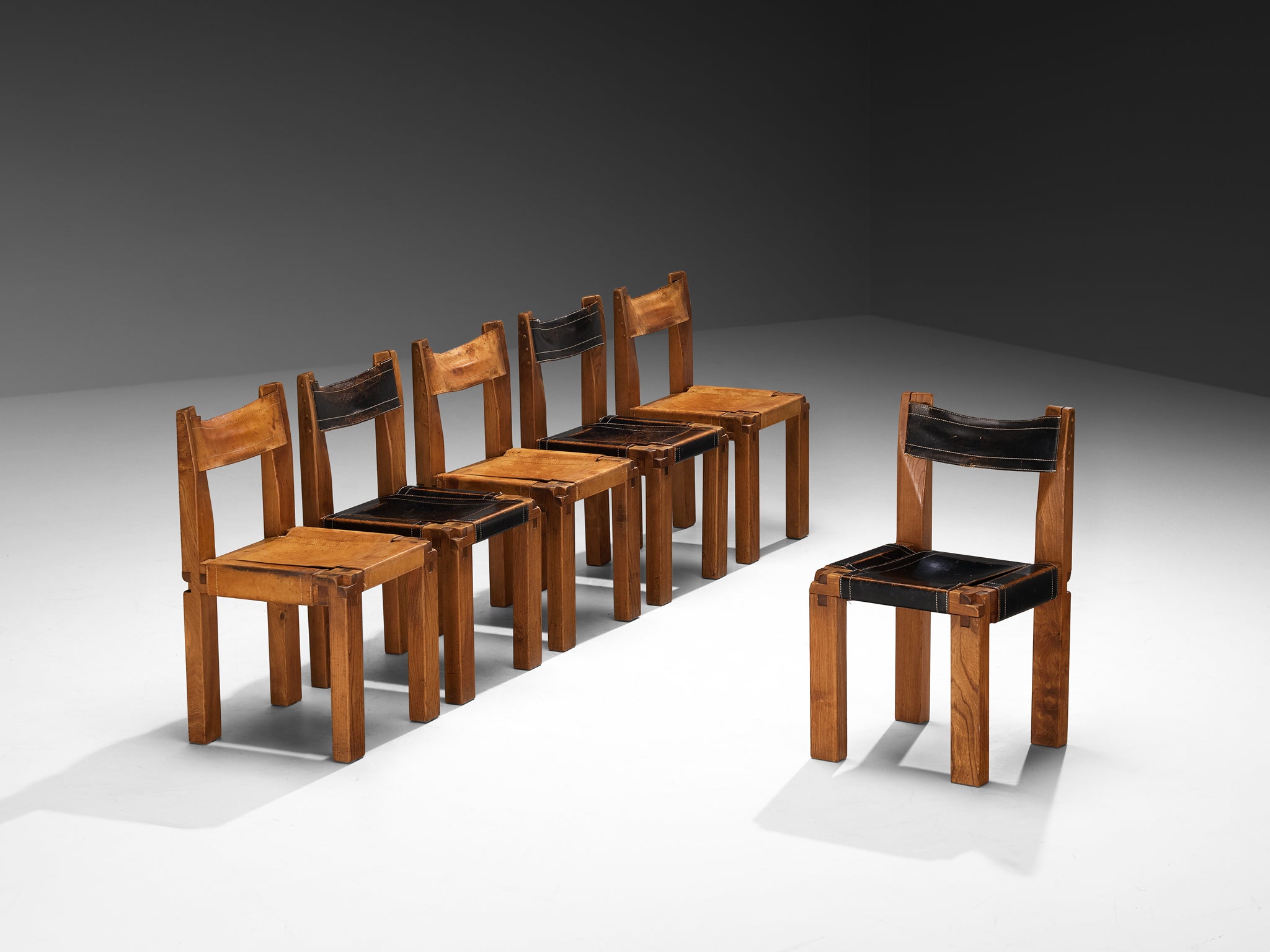 Early Pierre Chapo Set of Six 'S11' Dining Chairs in Elm and Cognac Leather Seating Morentz