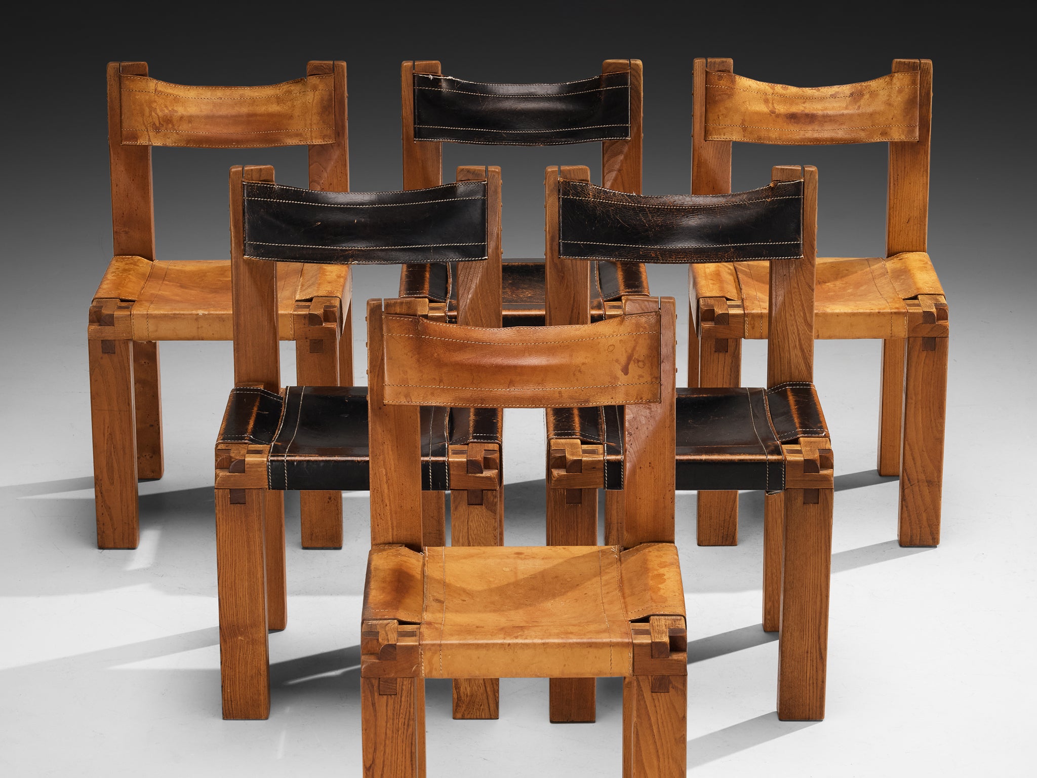 Early Pierre Chapo Set of Six 'S11' Dining Chairs in Elm and Cognac Leather Seating Morentz