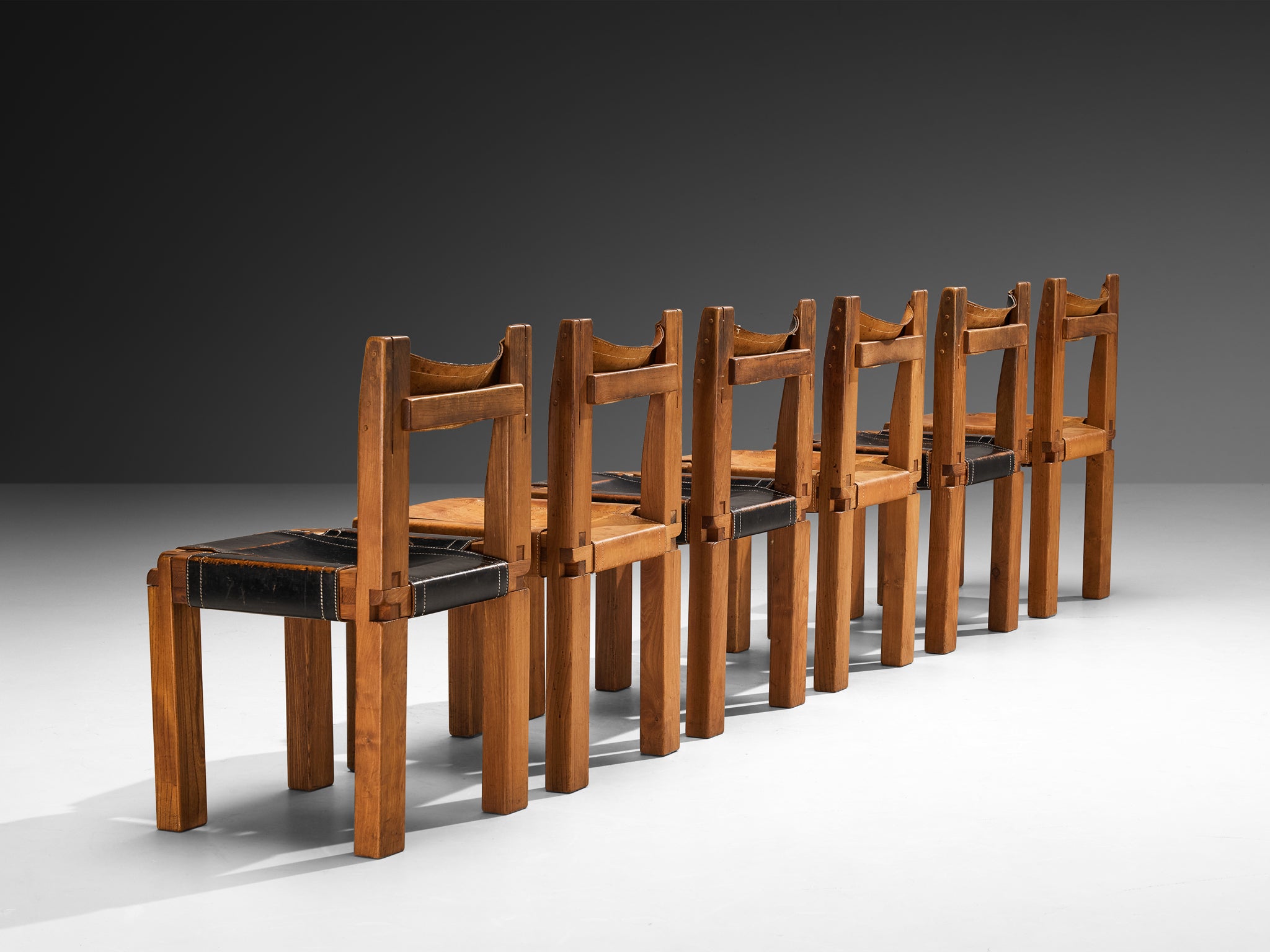 Early Pierre Chapo Set of Six 'S11' Dining Chairs in Elm and Cognac Leather Seating Morentz