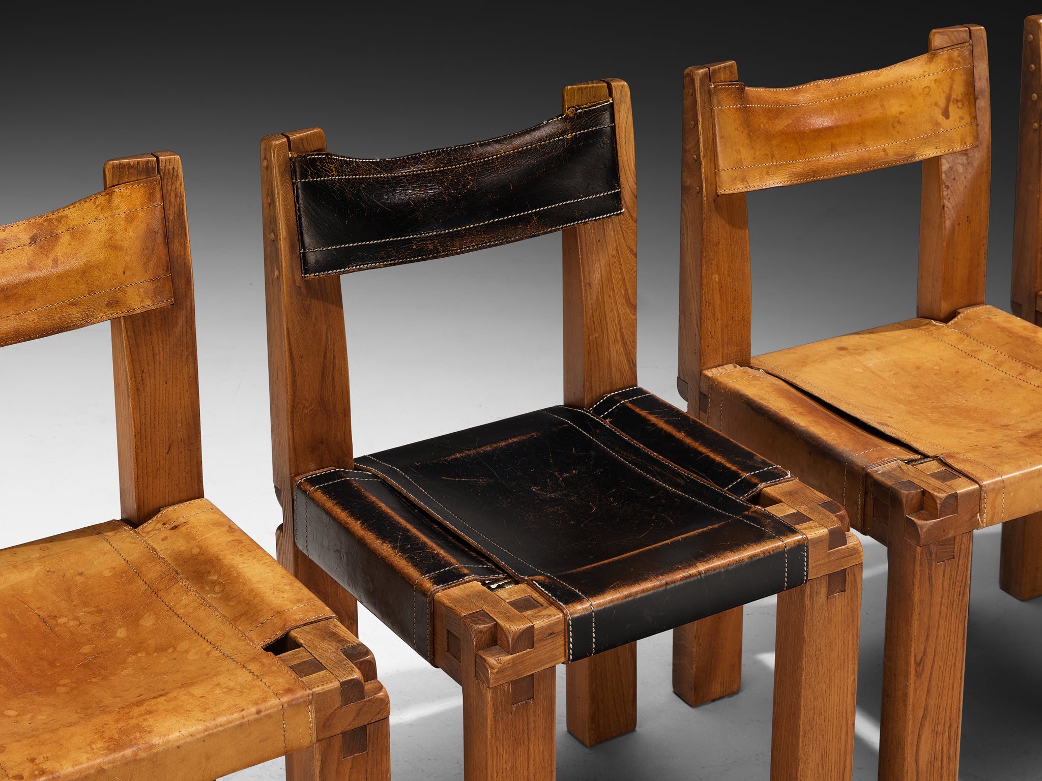 Early Pierre Chapo Set of Six 'S11' Dining Chairs in Elm and Cognac Leather Seating Morentz