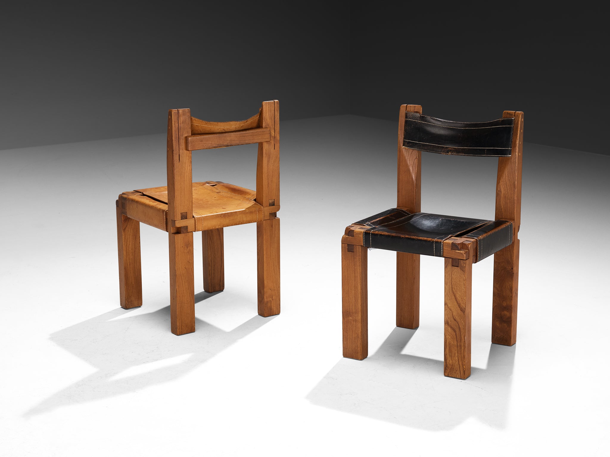 Early Pierre Chapo Set of Six 'S11' Dining Chairs in Elm and Cognac Leather Seating Morentz