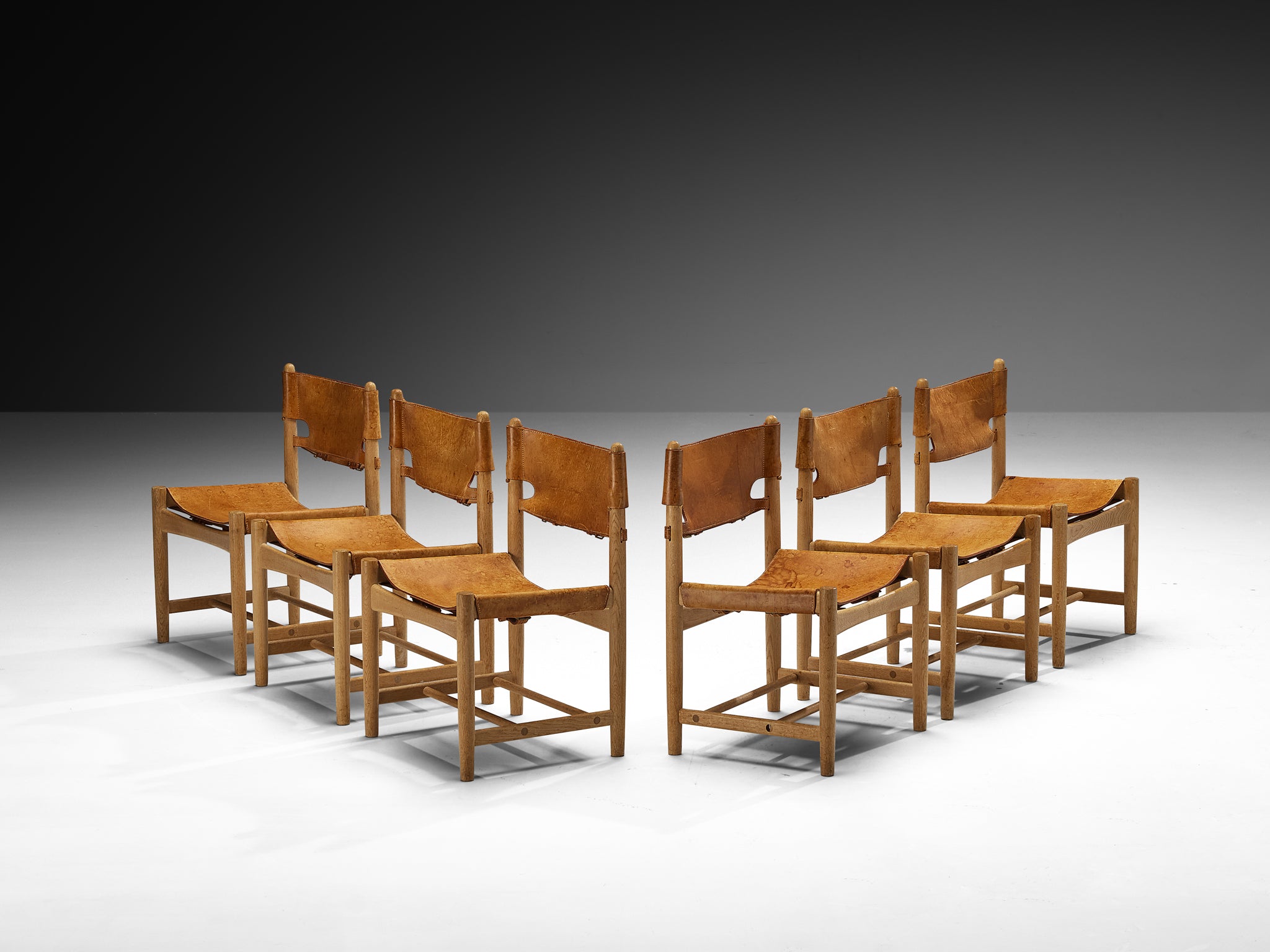 Børge Mogensen for Fredericia Set of Six Armchairs in Oak & Cognac Leather Seating Morentz