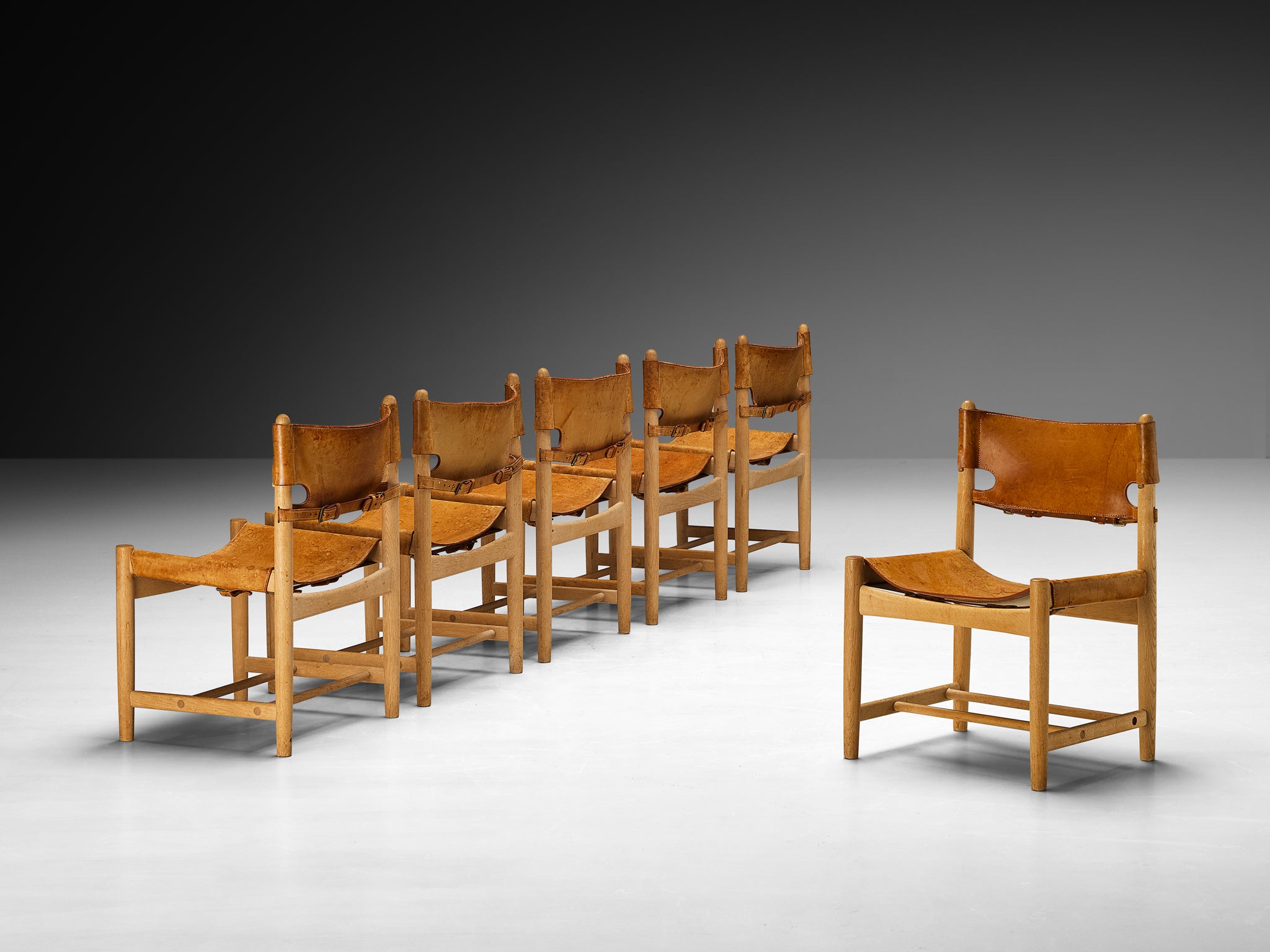 Børge Mogensen for Fredericia Set of Six Armchairs in Oak & Cognac Leather Seating Morentz