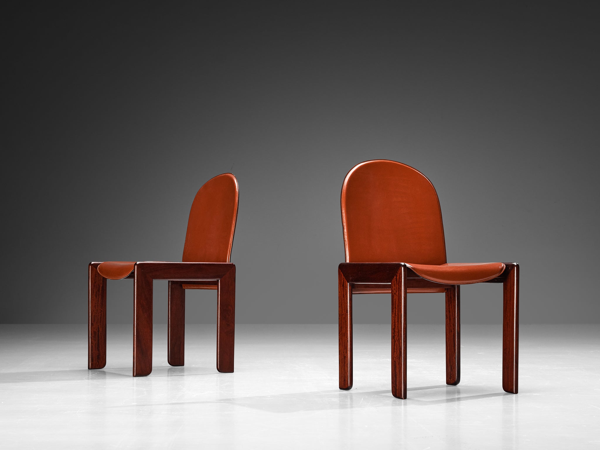 Italian Dining Chairs in Red Saddle Leather and Stained Wood Seating Morentz