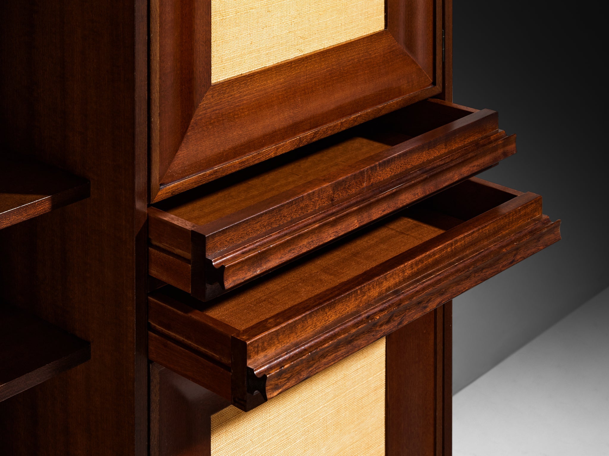 Angelo Mangiarotti for Sorgente dei Mobili Cabinet in Mahogany & Grasscloth case pieces and storage cabinets Morentz