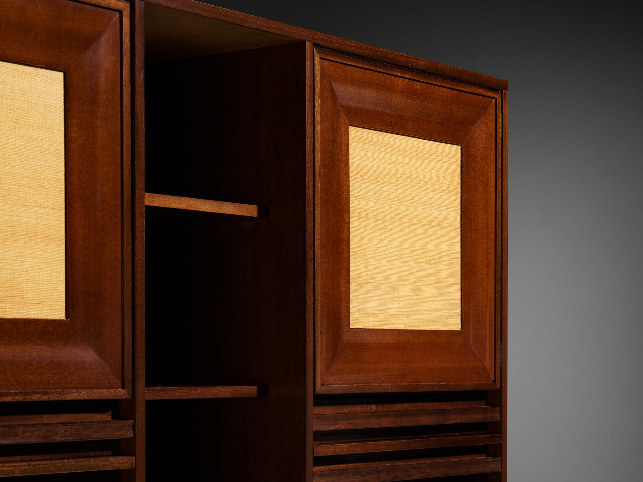Angelo Mangiarotti for Sorgente dei Mobili Cabinet in Mahogany & Grasscloth case pieces and storage cabinets Morentz