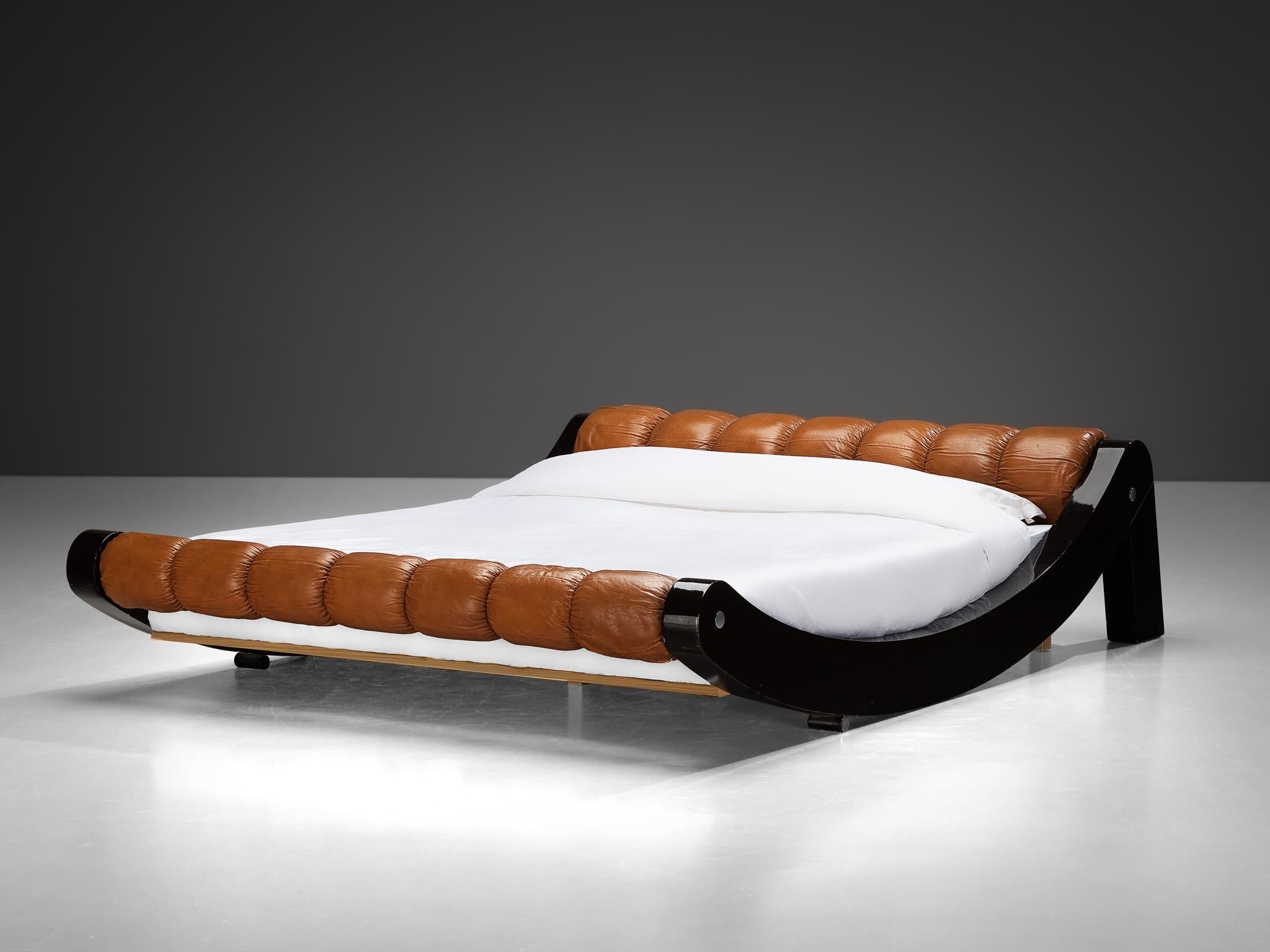 Benatti 'Boomerang' Queen Bed in Cognac Leather and Brown Lacquered Wood more furniture and collectibles Morentz