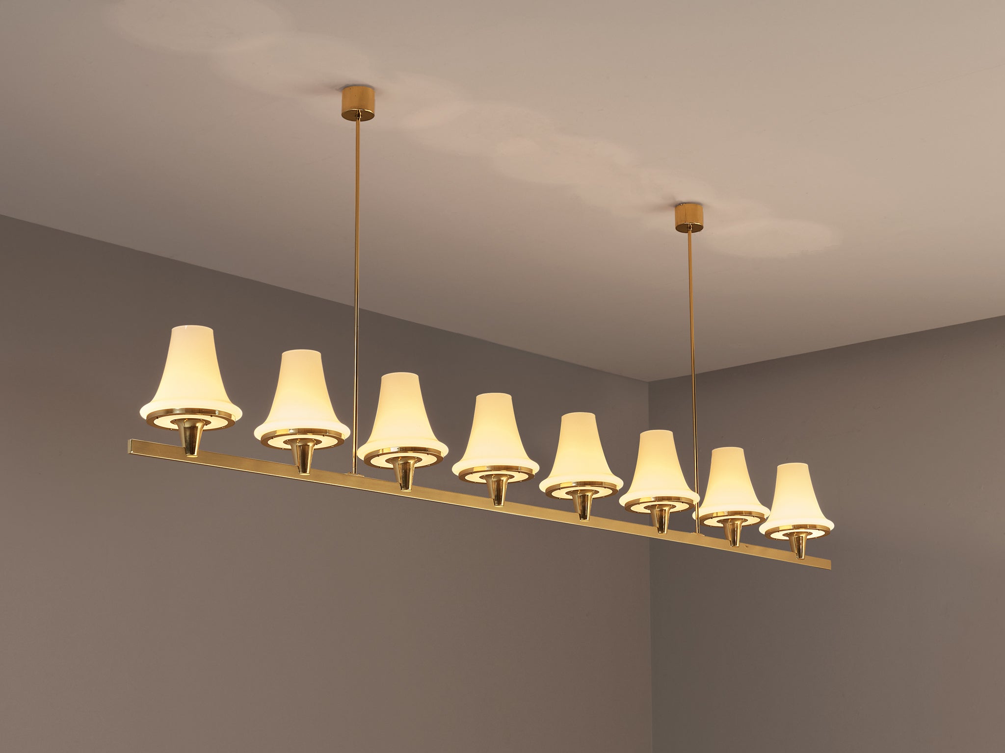 Rare Hans-Agne Jakobsson 'C1280' Chandelier in Brass and White Glass 8.2ft Lighting Morentz