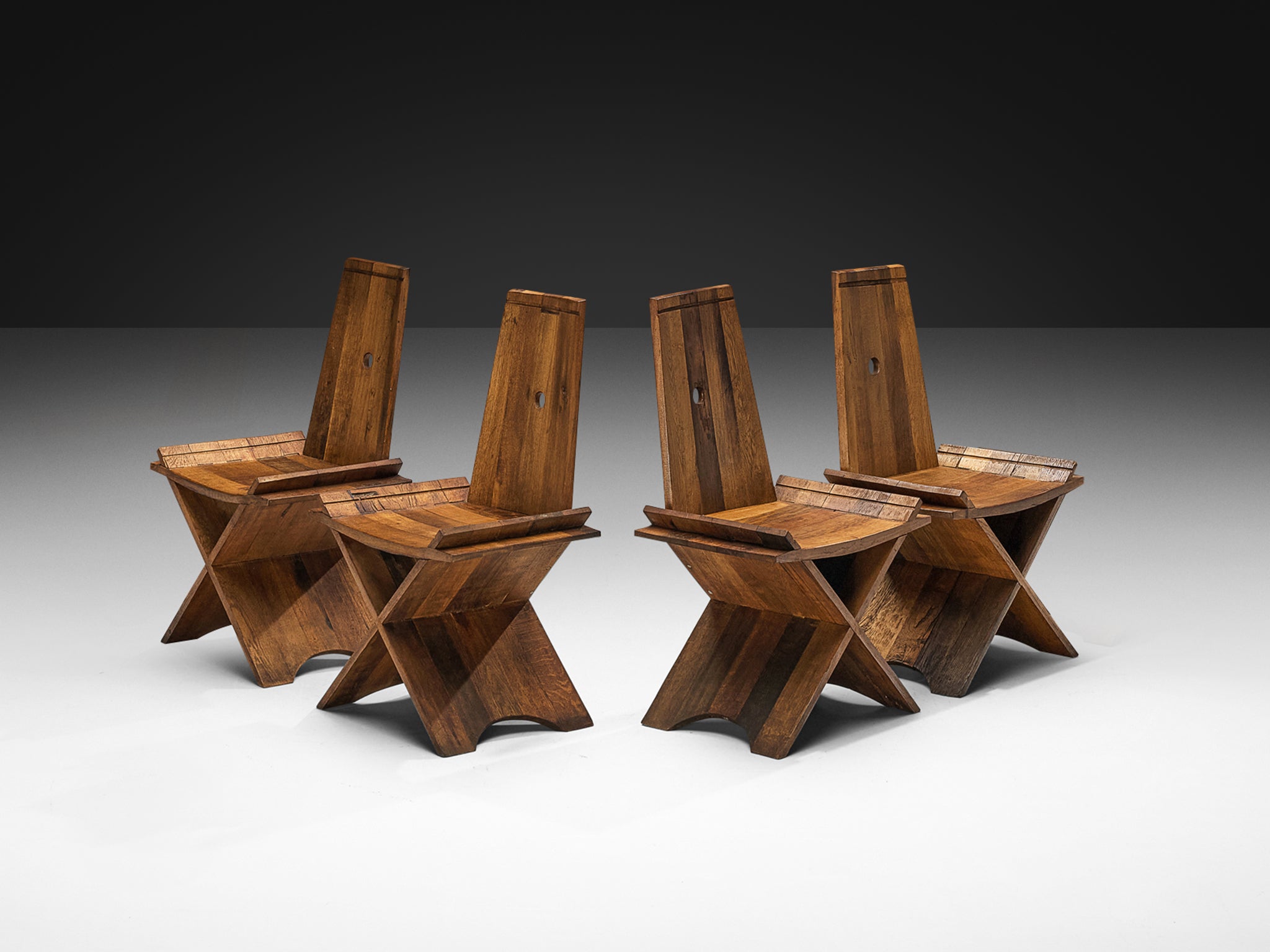 Sculptural Set of Four Dining Chairs in Oak with Iron Accents Seating Morentz