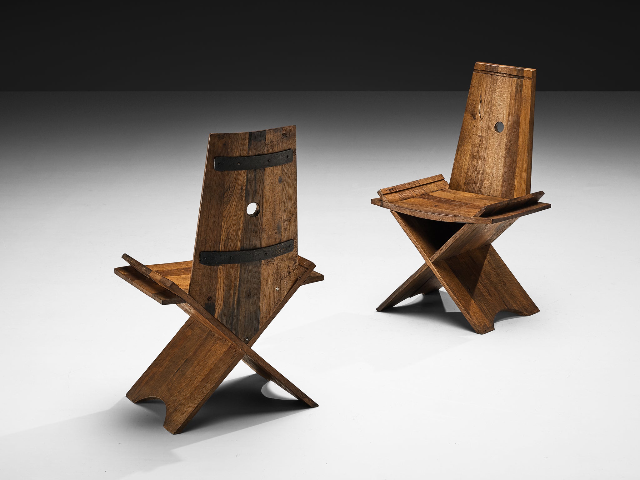 Sculptural Set of Four Dining Chairs in Oak with Iron Accents Seating Morentz