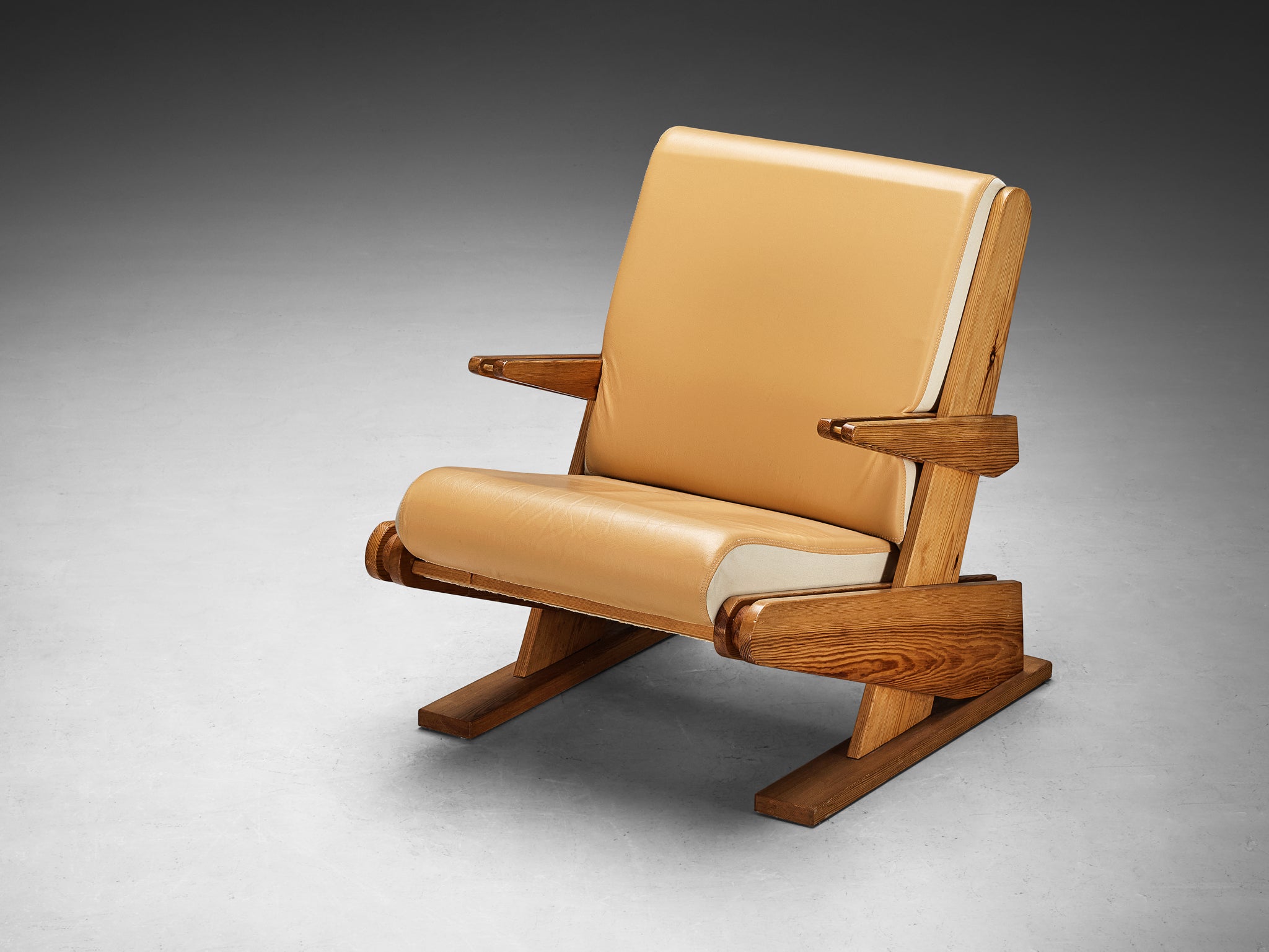 Brutalist Lounge Chair in Beige Camel Upholstery and Pine Seating Morentz