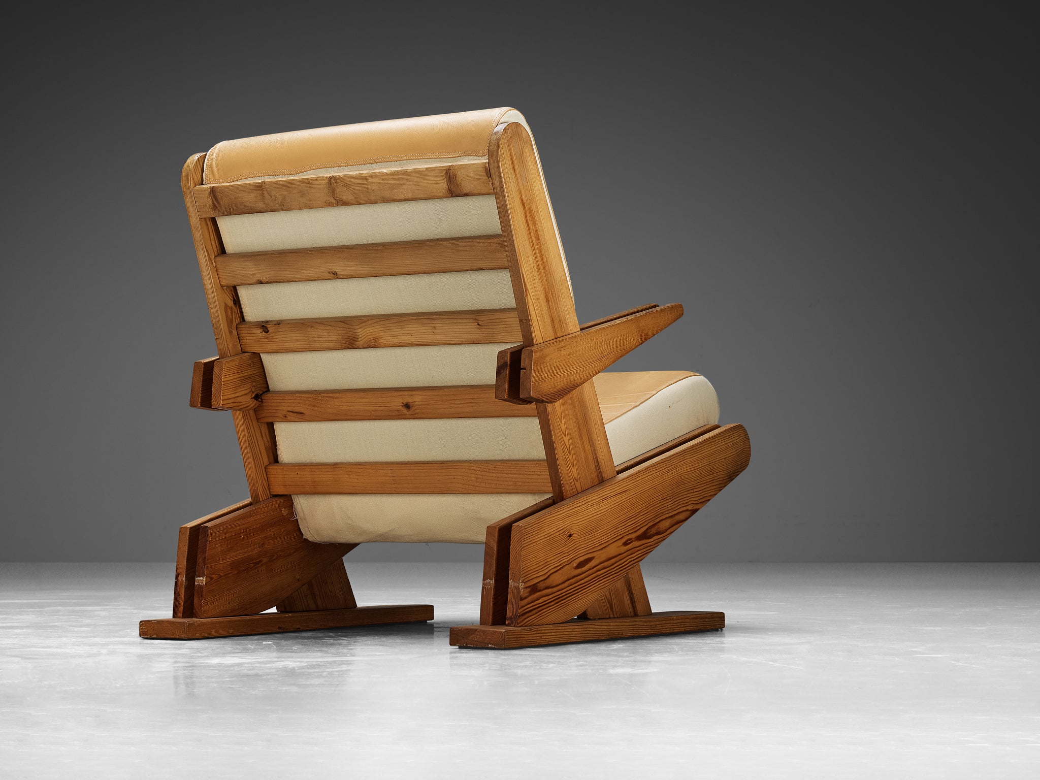 Brutalist Lounge Chair in Beige Camel Upholstery and Pine Seating Morentz