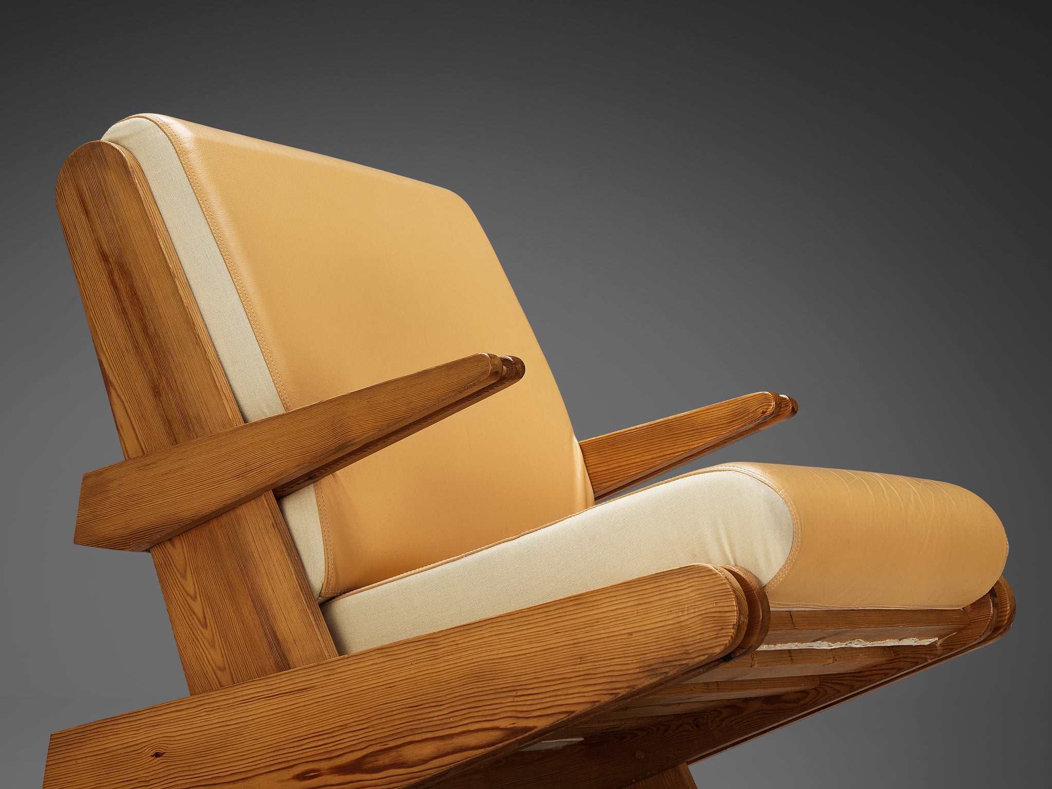 Brutalist Lounge Chair in Beige Camel Upholstery and Pine Seating Morentz