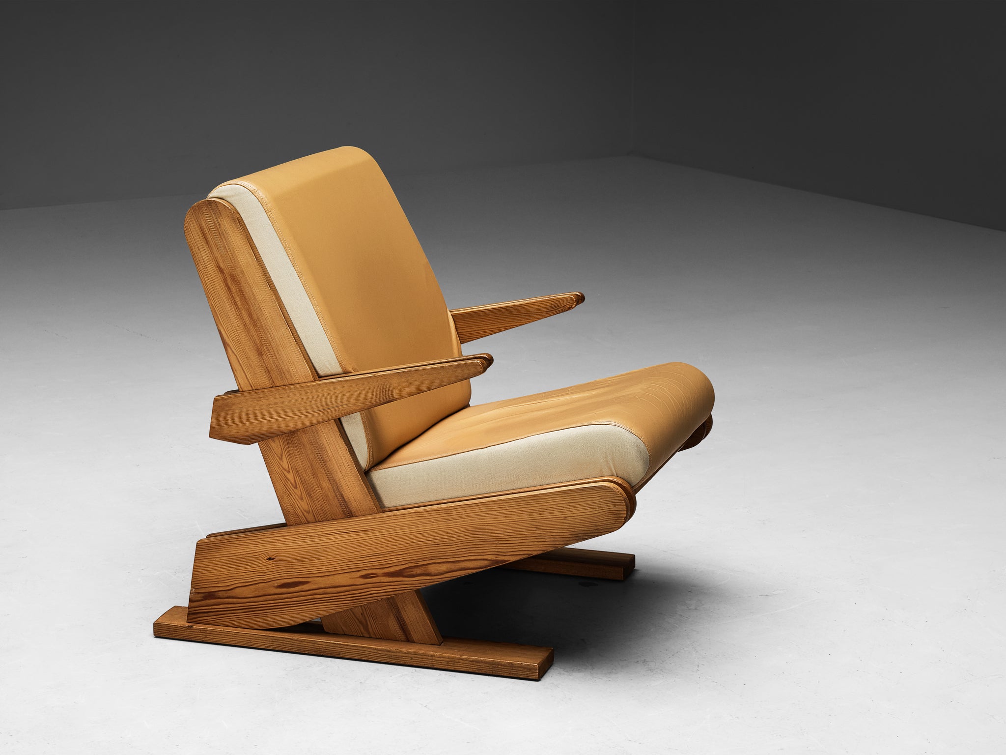 Brutalist Lounge Chair in Beige Camel Upholstery and Pine Seating Morentz