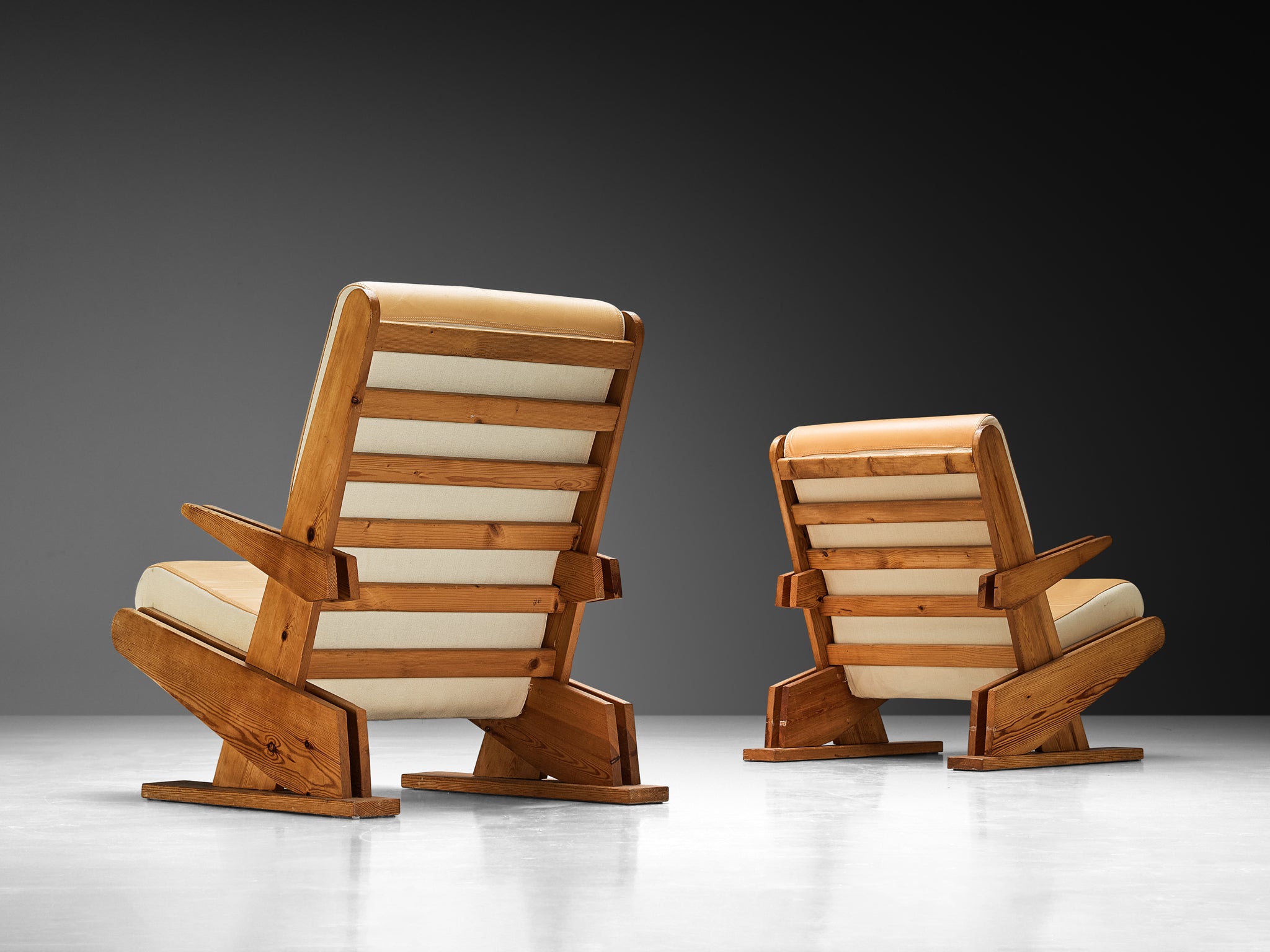 Brutalist Lounge Chair in Beige Camel Upholstery and Pine Seating Morentz