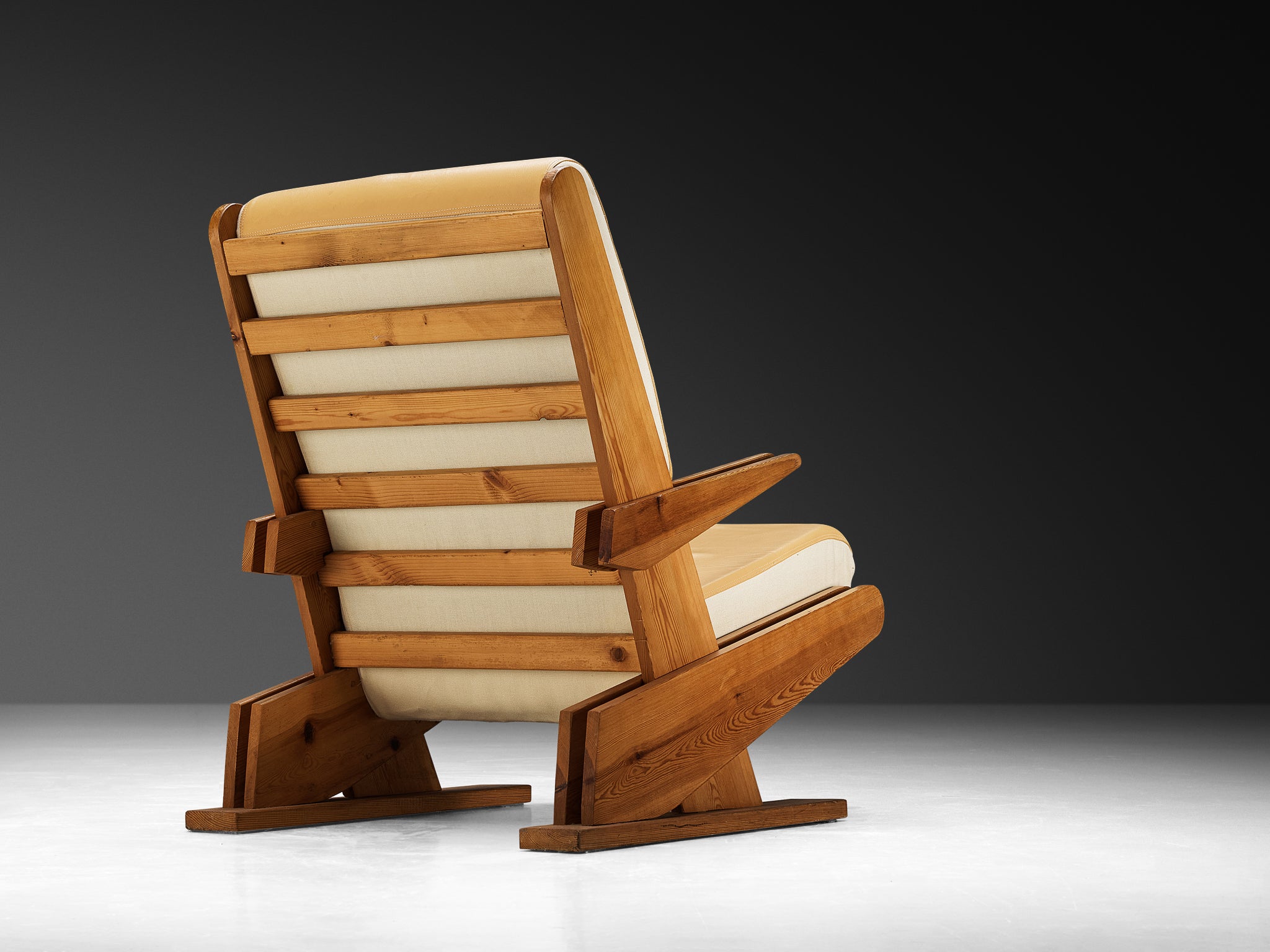 Brutalist Lounge Chair in Beige Camel Upholstery and Pine Seating Morentz
