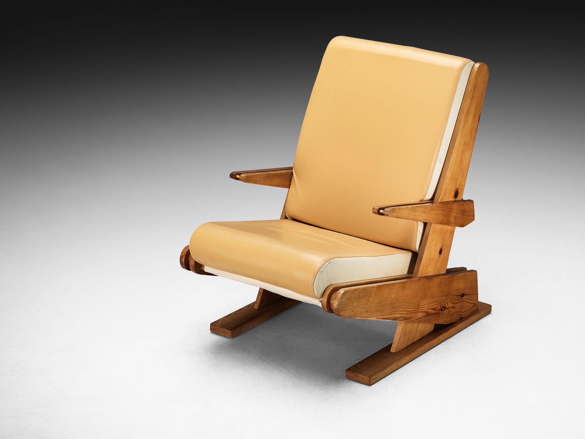Brutalist Lounge Chair in Beige Camel Upholstery and Pine Seating Morentz