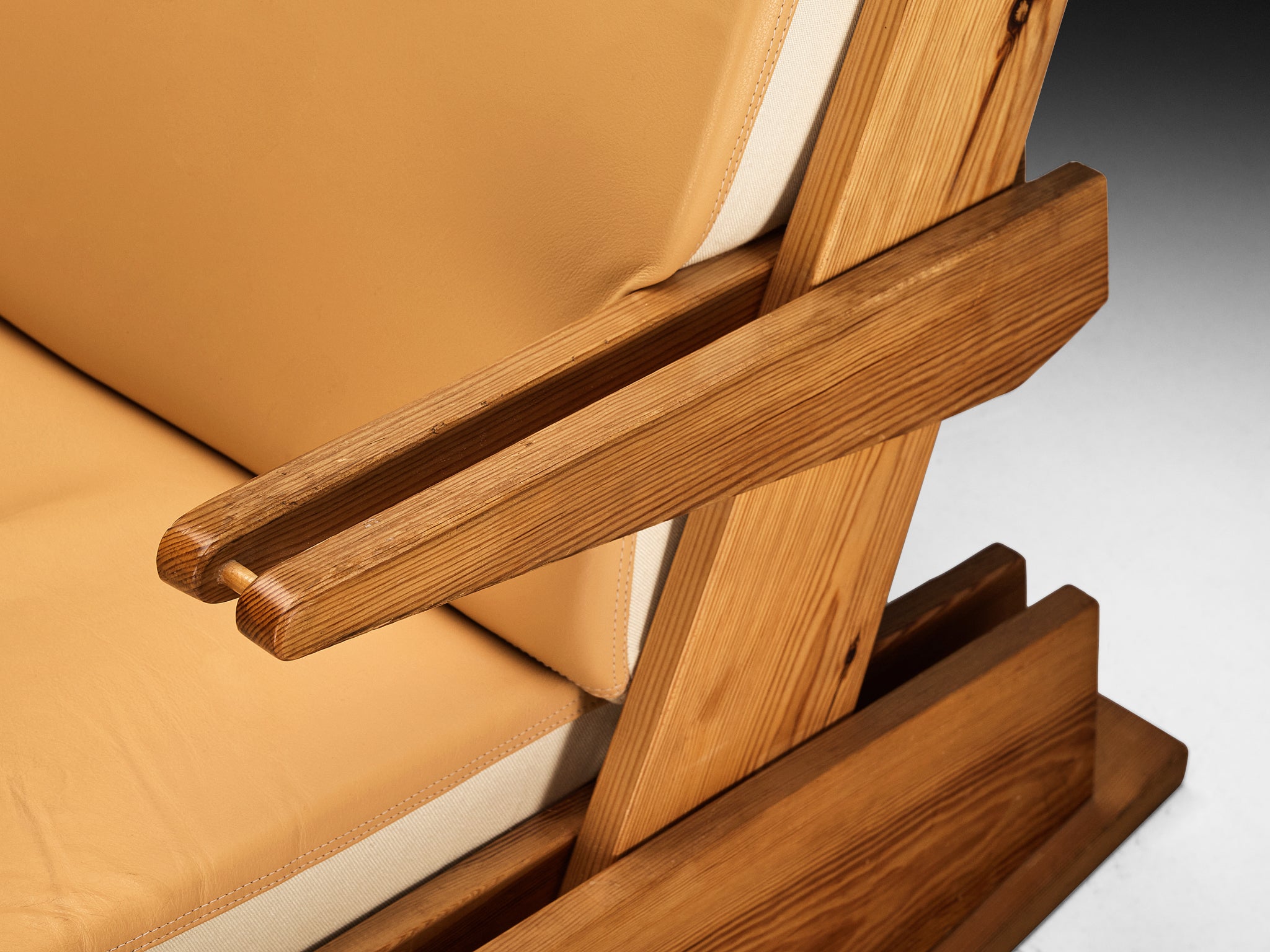 Brutalist Lounge Chair in Beige Camel Upholstery and Pine Seating Morentz