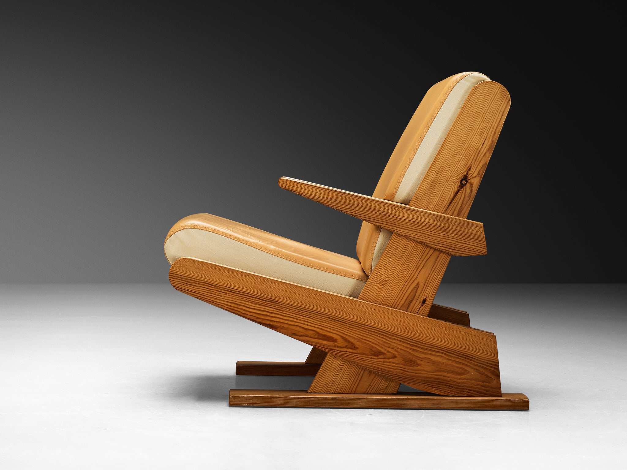 Brutalist Lounge Chair in Beige Camel Upholstery and Pine Seating Morentz