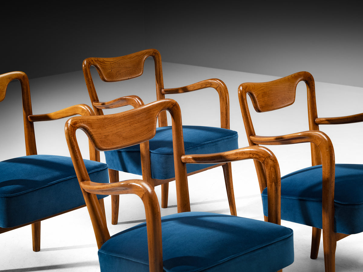 Art Deco Gio Ponti Set of Four Dining Armchairs in Teak with Blue Upholstery Seating Morentz