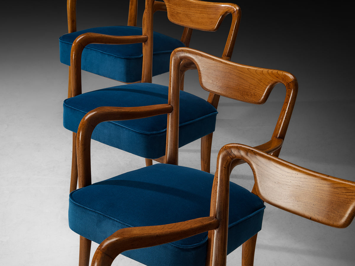Art Deco Gio Ponti Set of Four Dining Armchairs in Teak with Blue Upholstery Seating Morentz