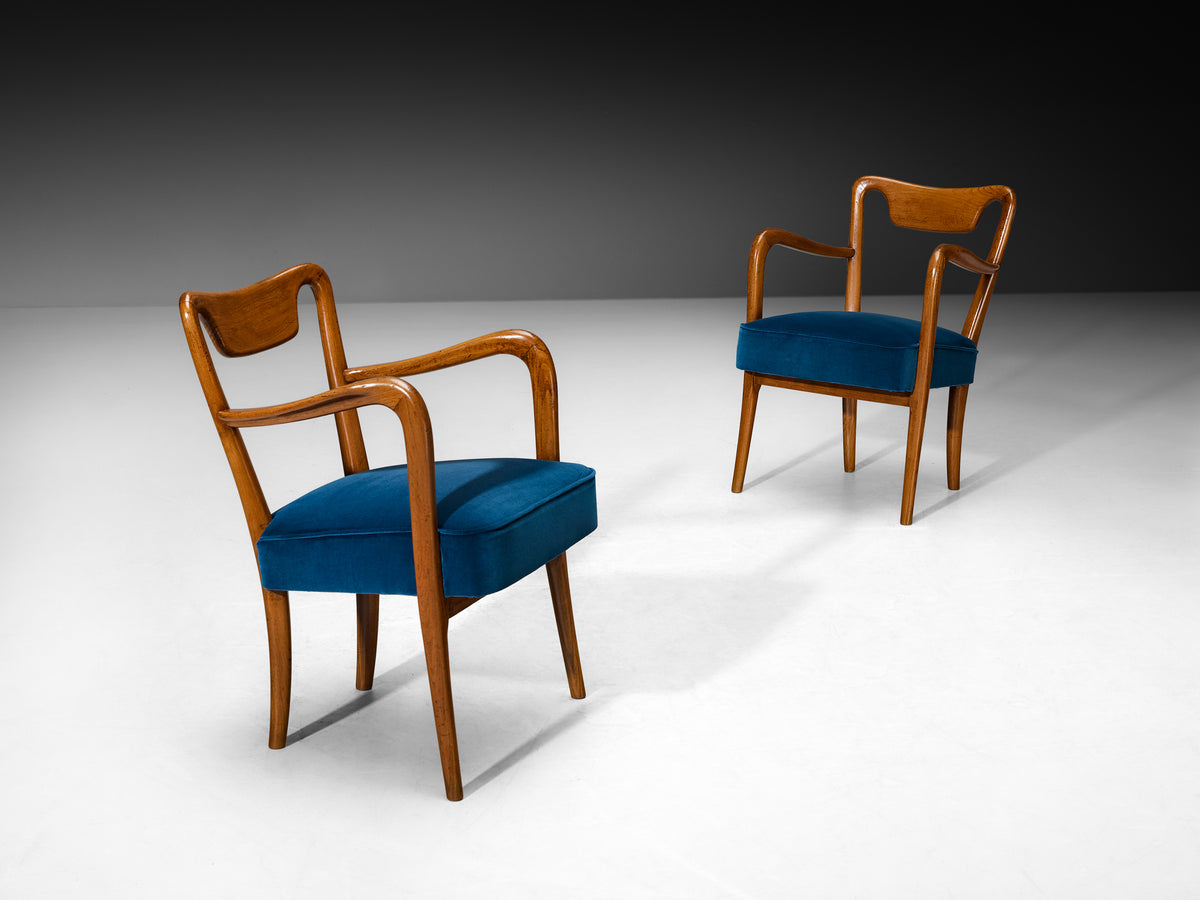 Art Deco Gio Ponti Set of Four Dining Armchairs in Teak with Blue Upholstery Seating Morentz