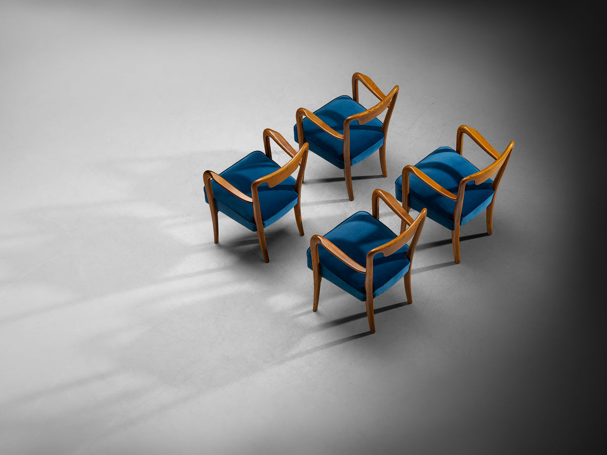 Art Deco Gio Ponti Set of Four Dining Armchairs in Teak with Blue Upholstery Seating Morentz