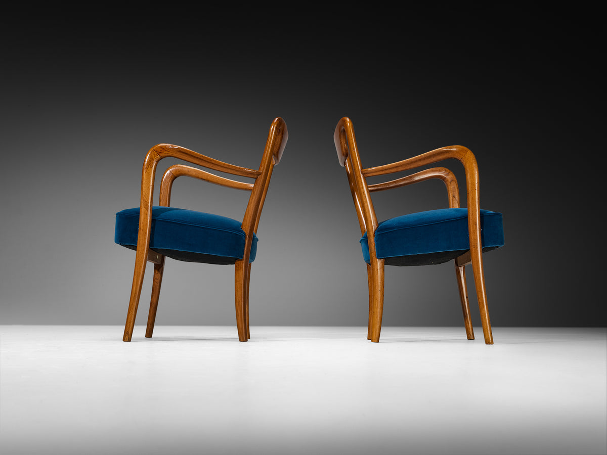 Art Deco Gio Ponti Set of Four Dining Armchairs in Teak with Blue Upholstery Seating Morentz