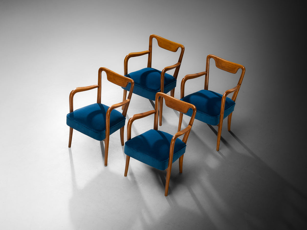 Art Deco Gio Ponti Set of Four Dining Armchairs in Teak with Blue Upholstery Seating Morentz