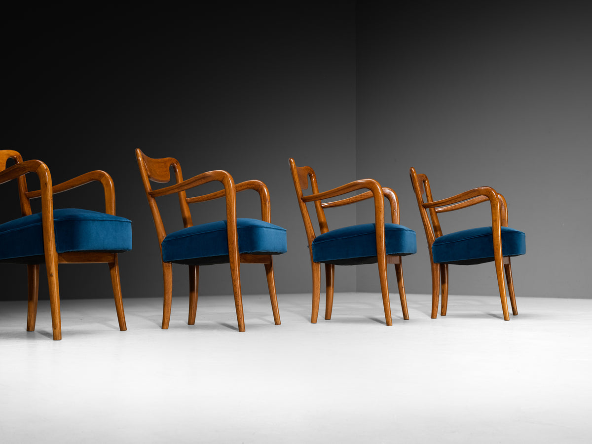 Art Deco Gio Ponti Set of Four Dining Armchairs in Teak with Blue Upholstery Seating Morentz