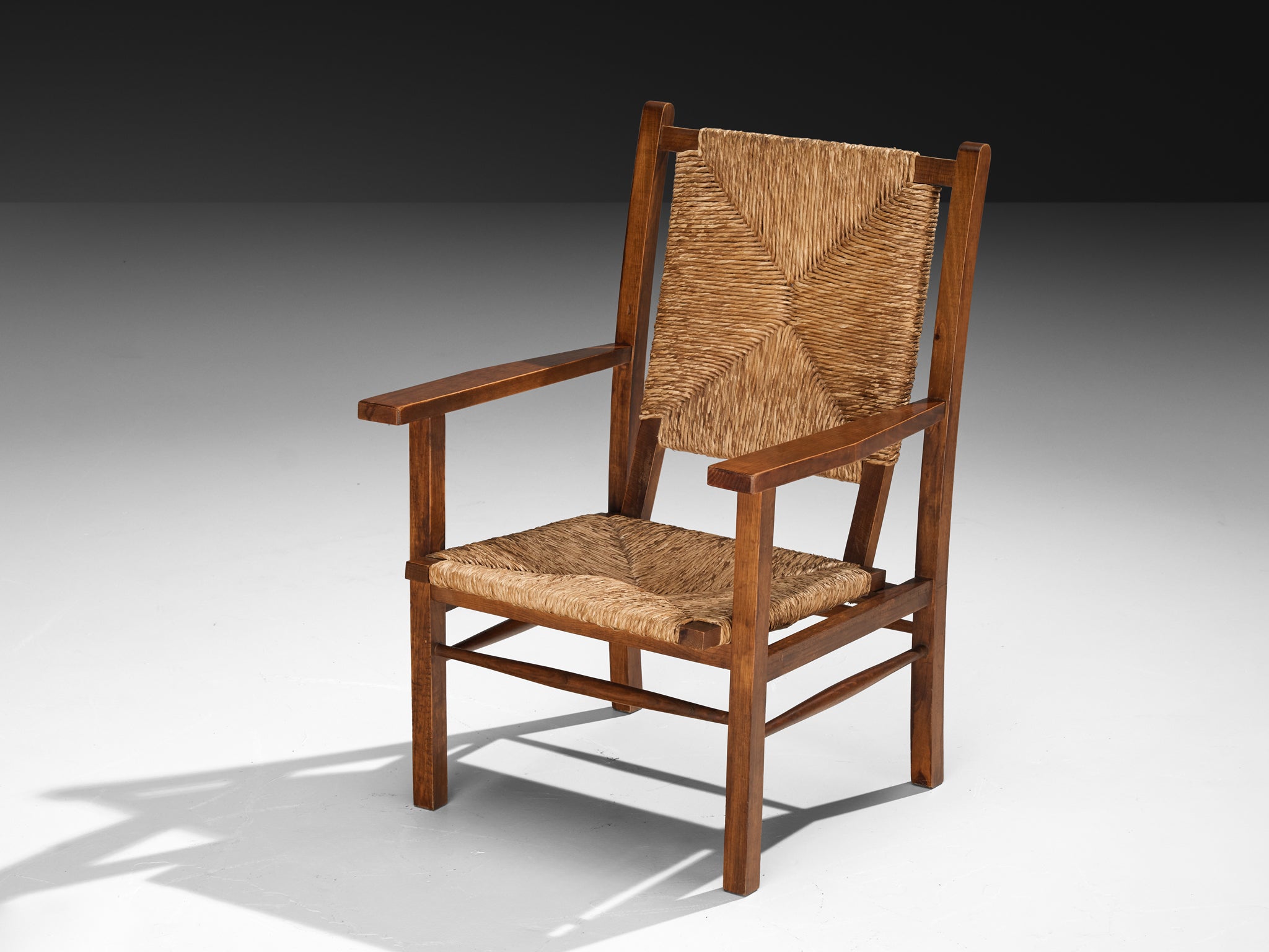 Spanish Pair of Armchairs in Pine and Woven Straw Seating Morentz