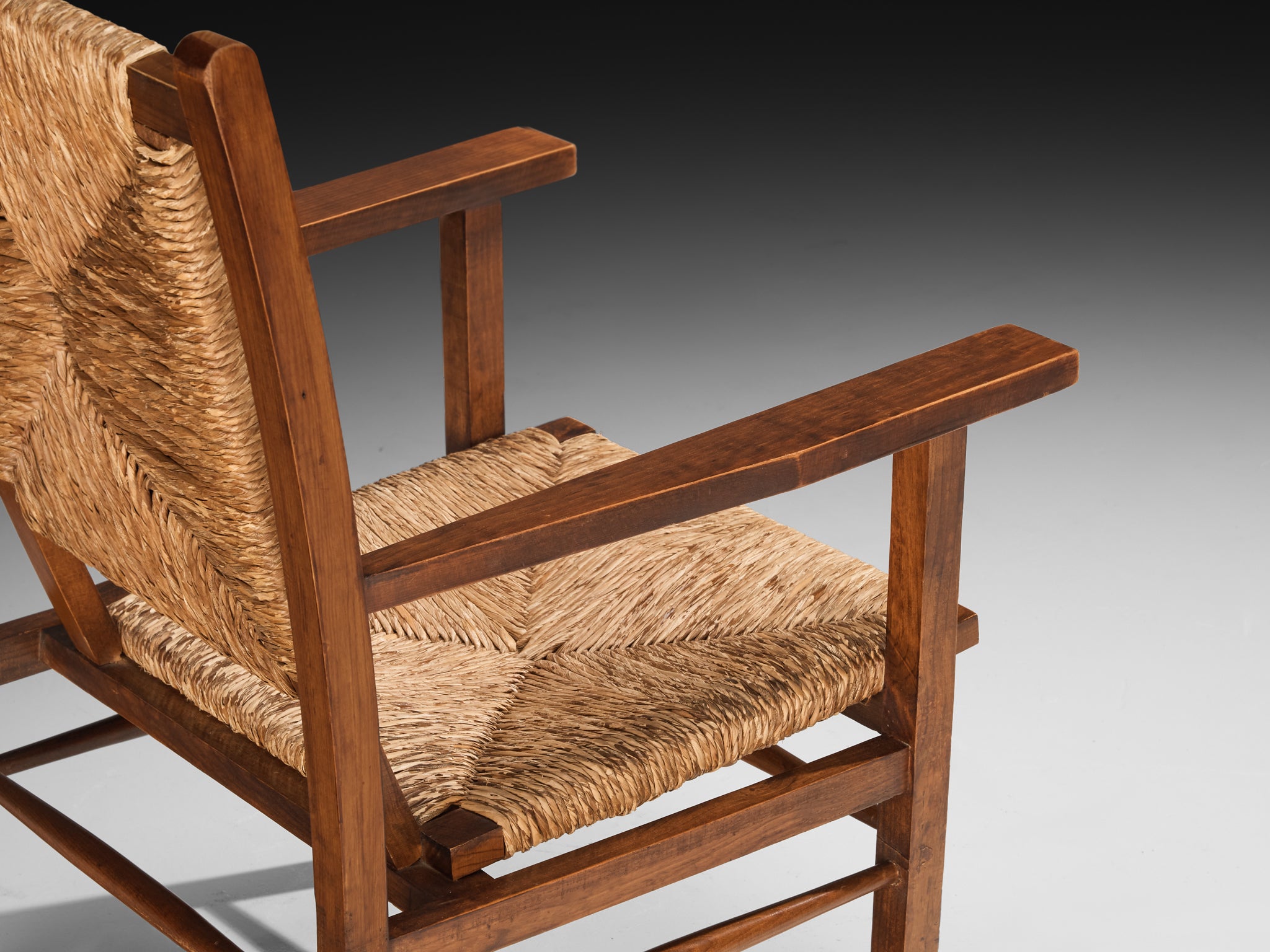 Spanish Pair of Armchairs in Pine and Woven Straw Seating Morentz