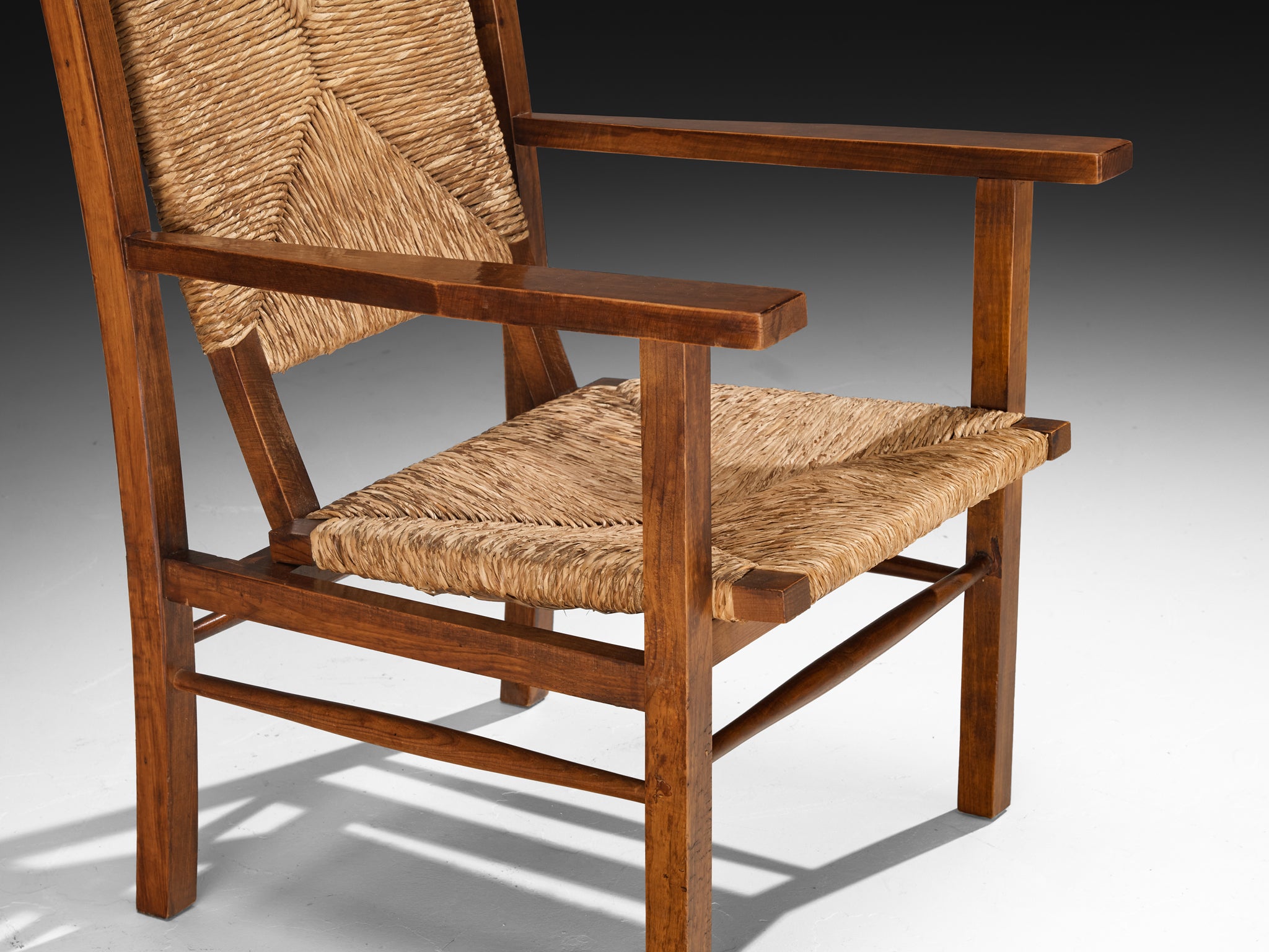 Spanish Pair of Armchairs in Pine and Woven Straw Seating Morentz
