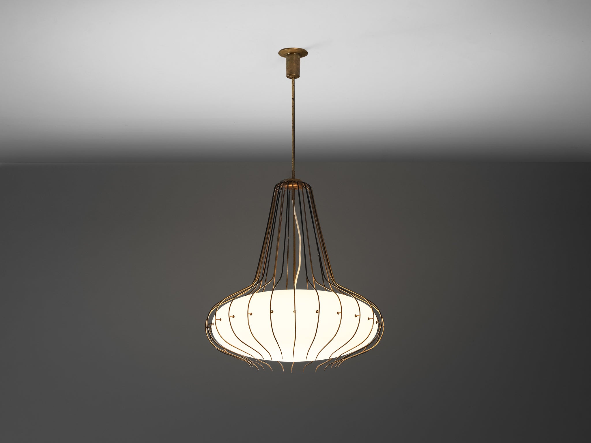 Angelo Lelii for Arredoluce 'Medusa' Chandelier in Brass and White Opal Glass Lighting Morentz