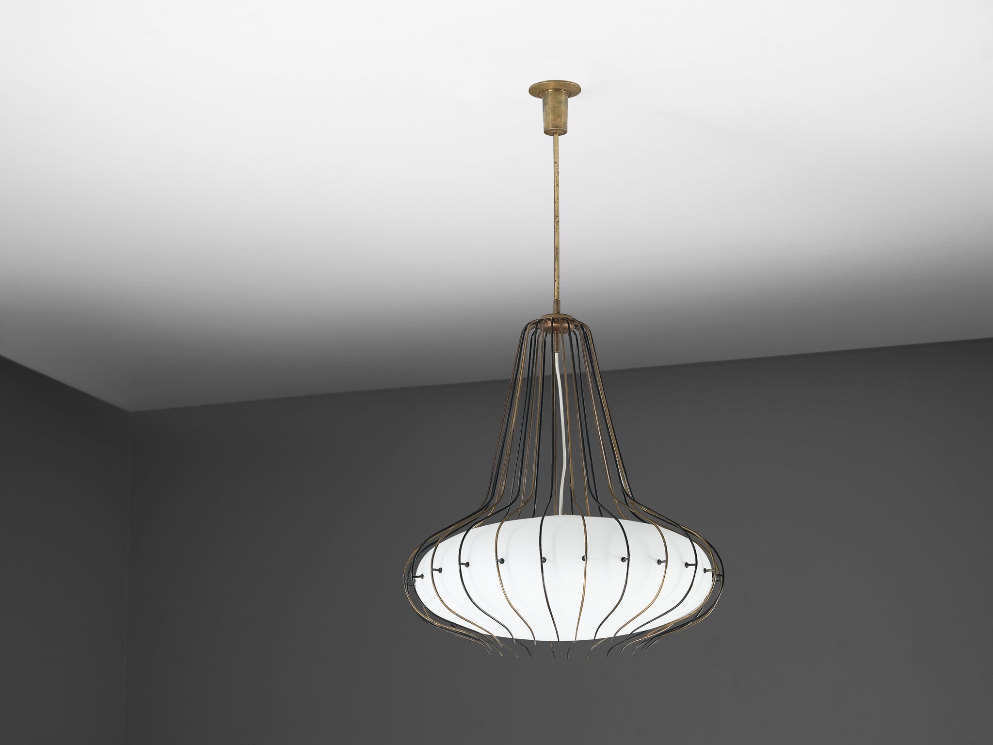 Angelo Lelii for Arredoluce 'Medusa' Chandelier in Brass and White Opal Glass Lighting Morentz