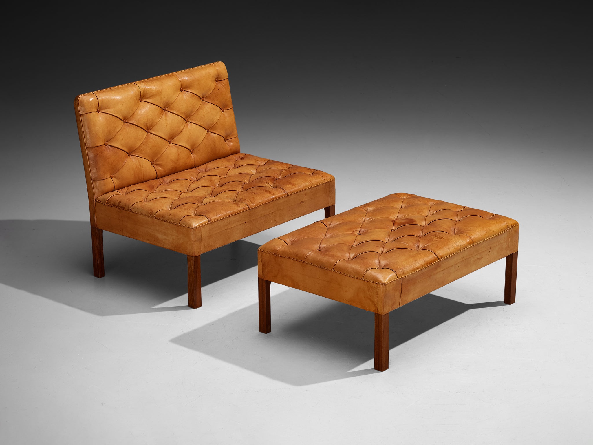 Kaare Klint for Rud. Rasmussens Snedkerier '4698' Sofa with Ottoman in Cognac Leather and Mahogany Seating Morentz